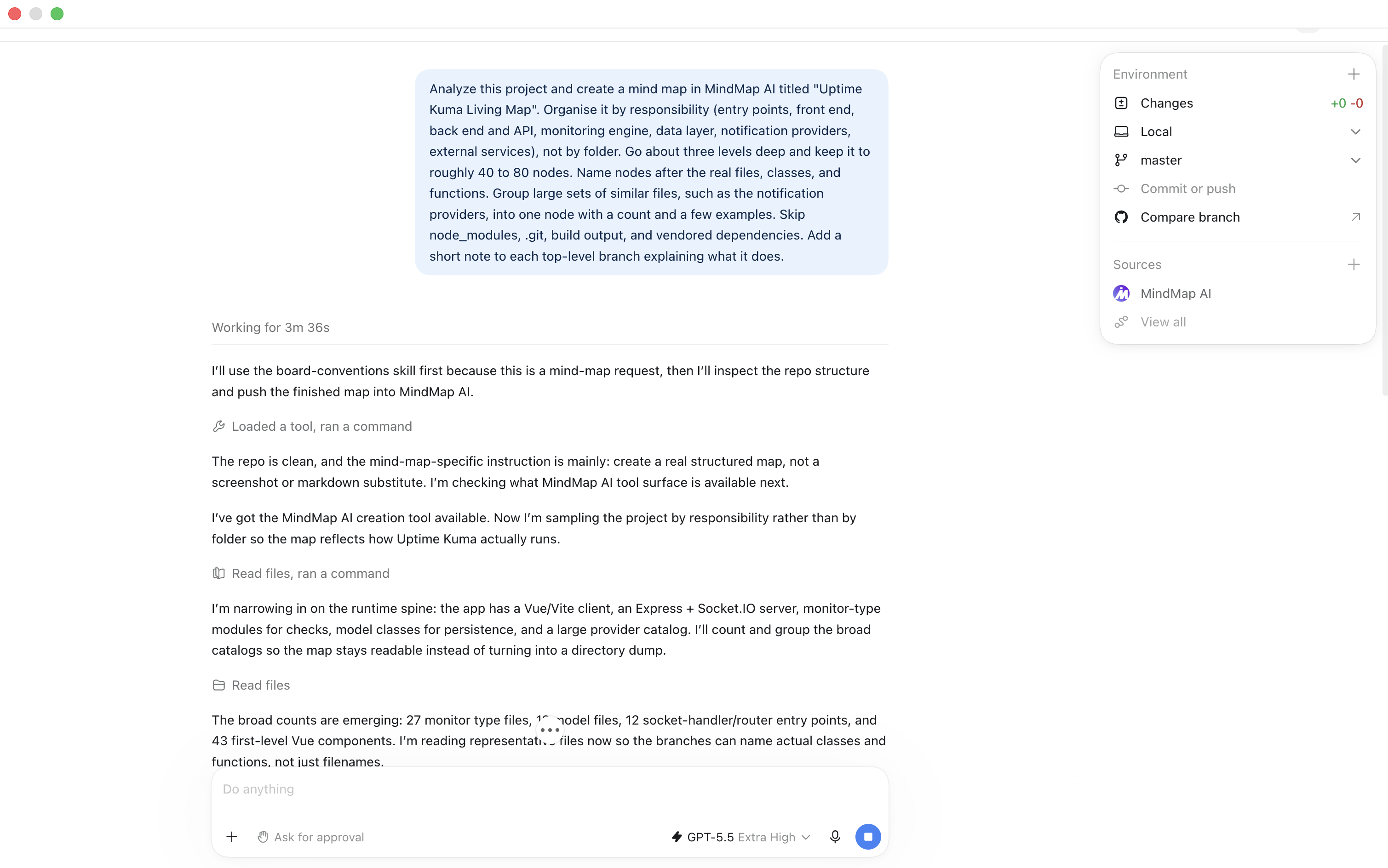 Codex working through the Uptime Kuma repository, with MindMap AI listed under Sources in the right panel