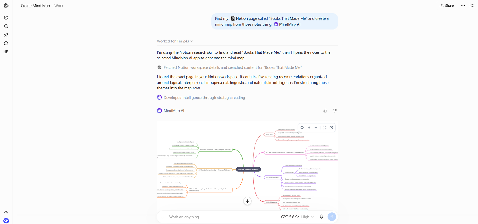 ChatGPT showing the Notion page it fetched and the finished Books That Made Me mind map preview from MindMap AI