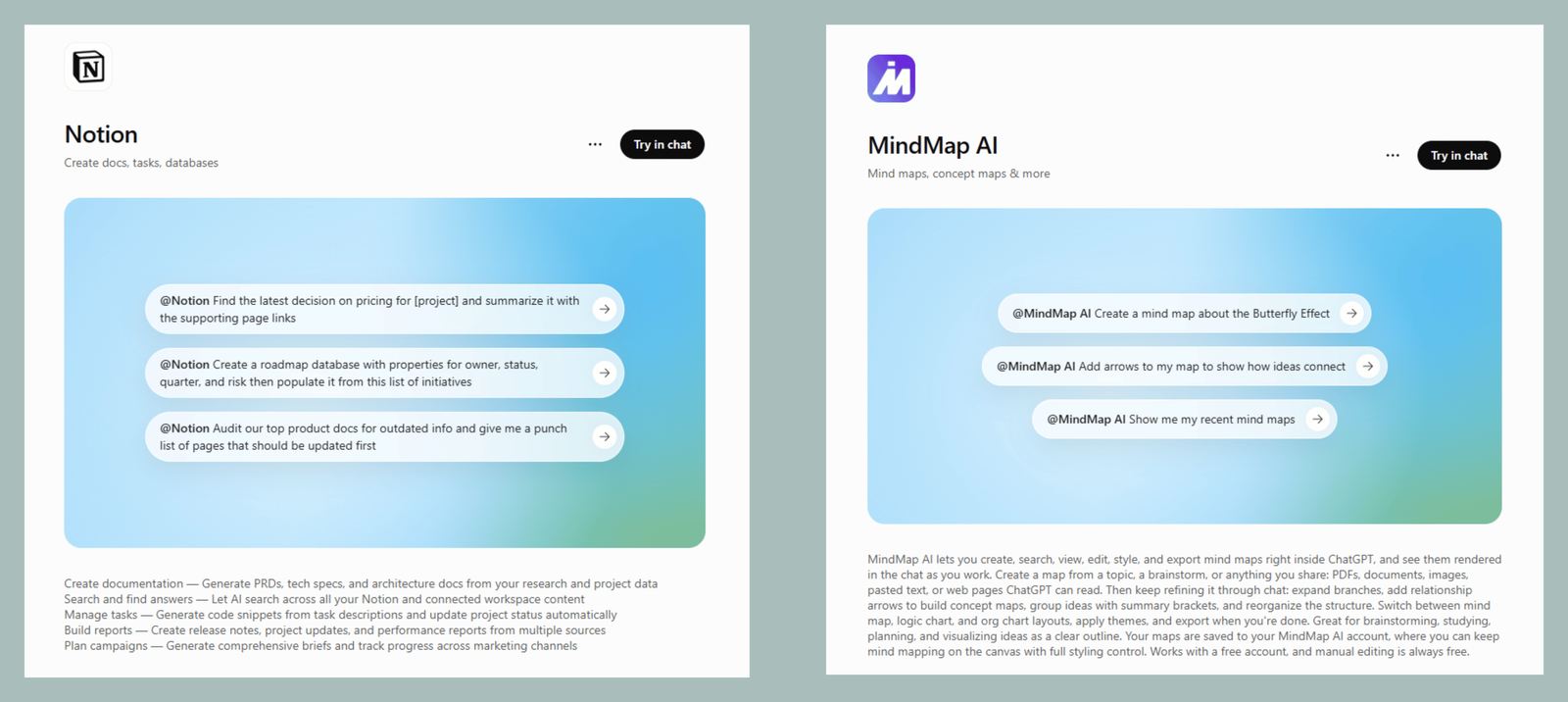 The Notion and MindMap AI plugin pages in the ChatGPT Plugins directory, each with a Try in chat button