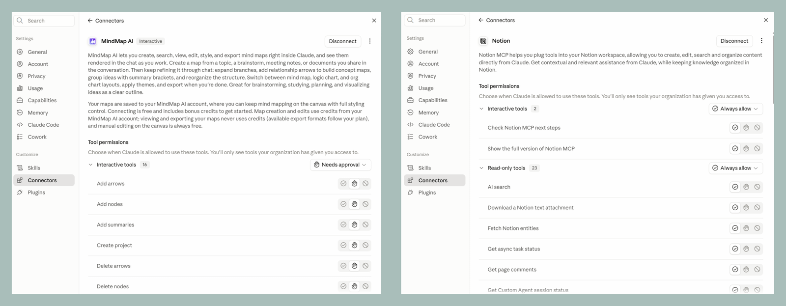 Claude Connectors settings showing MindMap AI and Notion connected, with their tool permissions