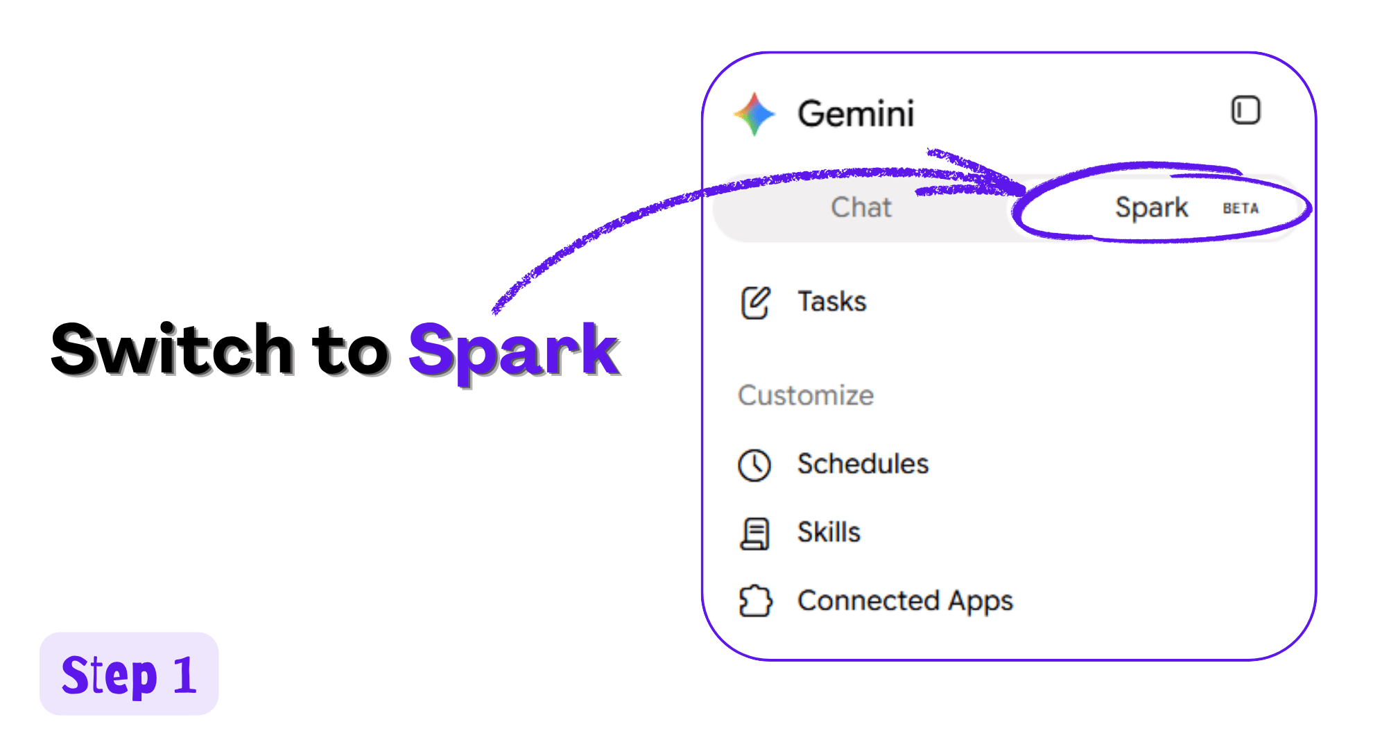 Gemini sidebar with the Chat and Spark toggle, Spark highlighted