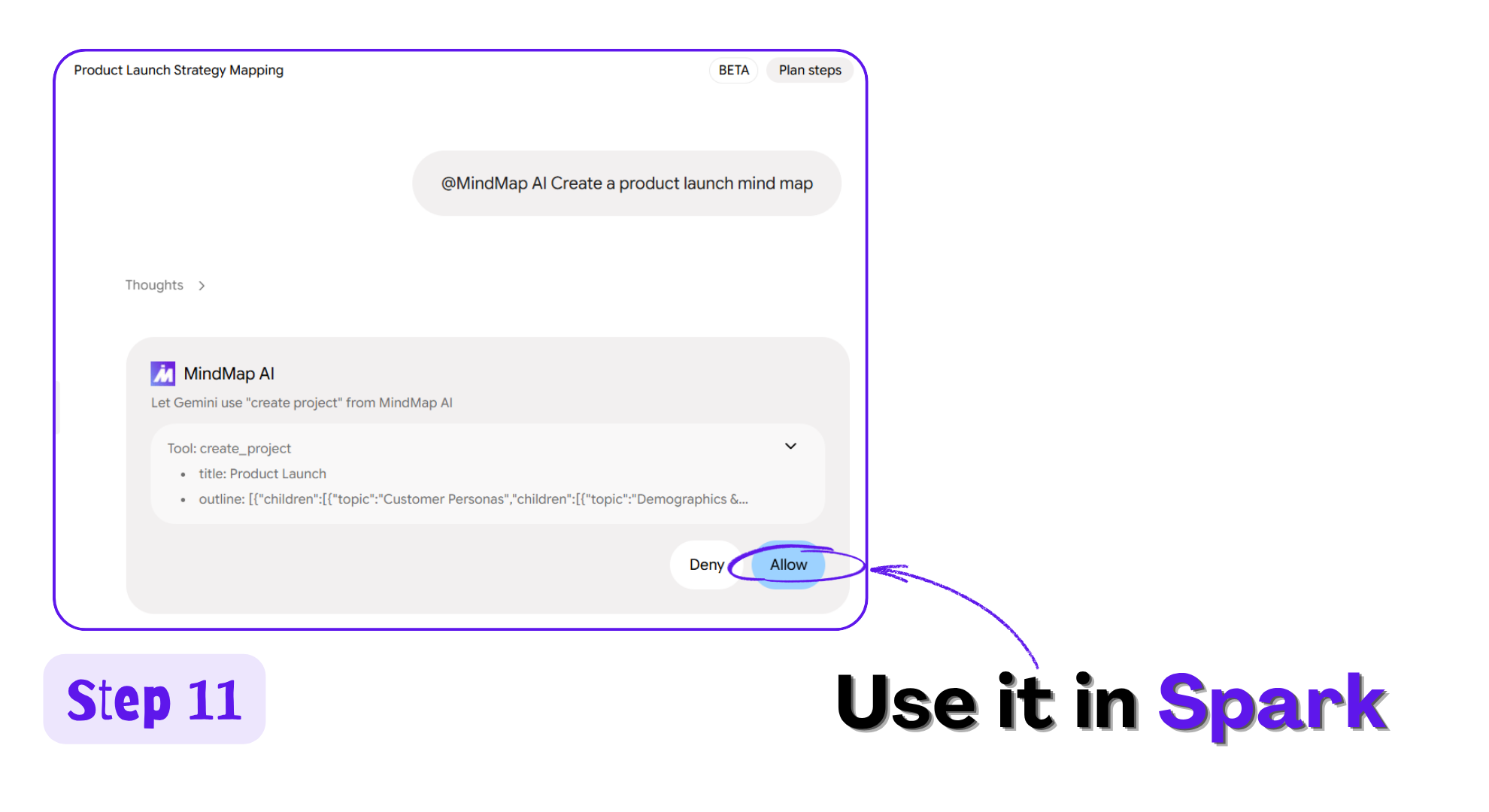 Gemini Spark task asking to run the MindMap AI create_project tool with Allow highlighted