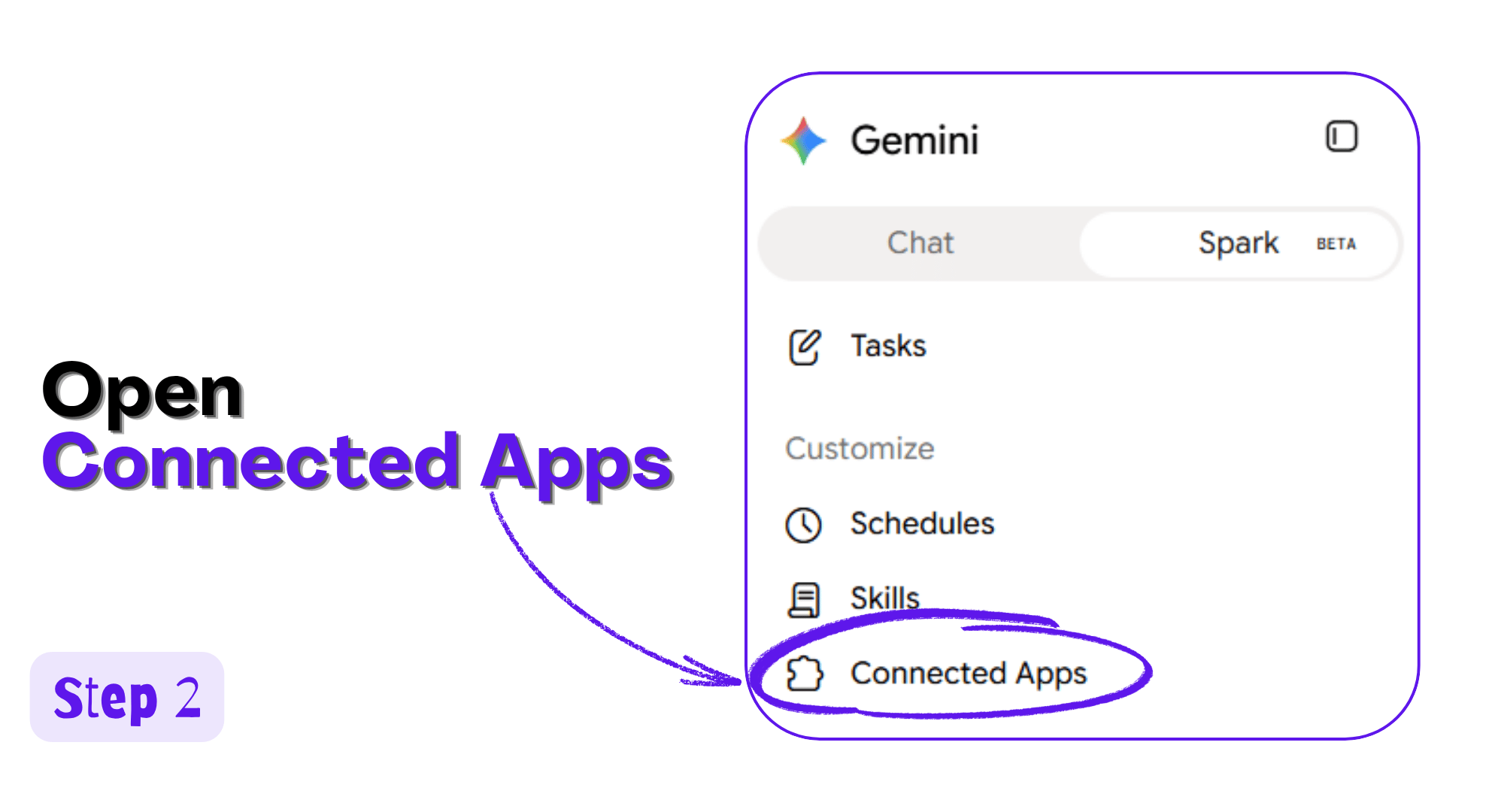 Gemini Spark sidebar with Connected Apps highlighted under Customize