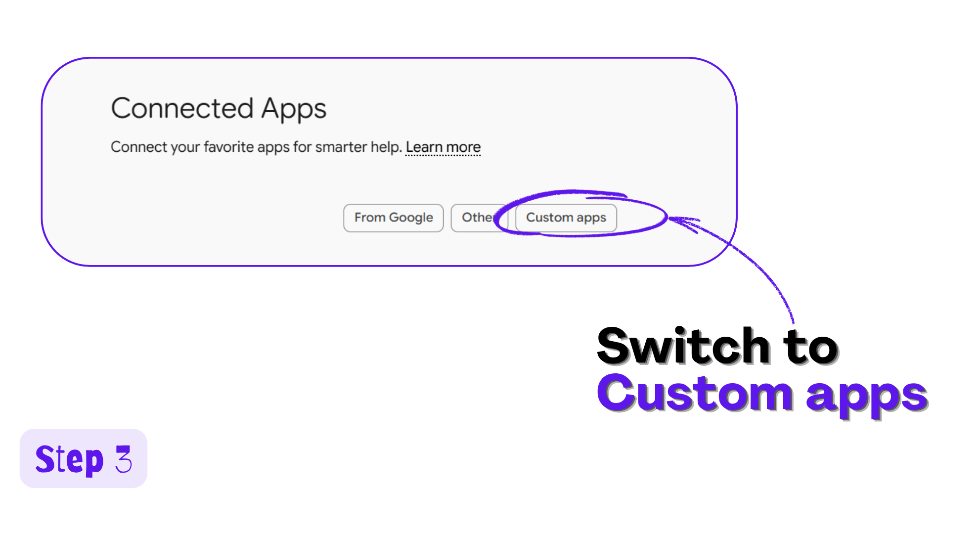 Gemini Connected Apps page with the Custom apps tab highlighted
