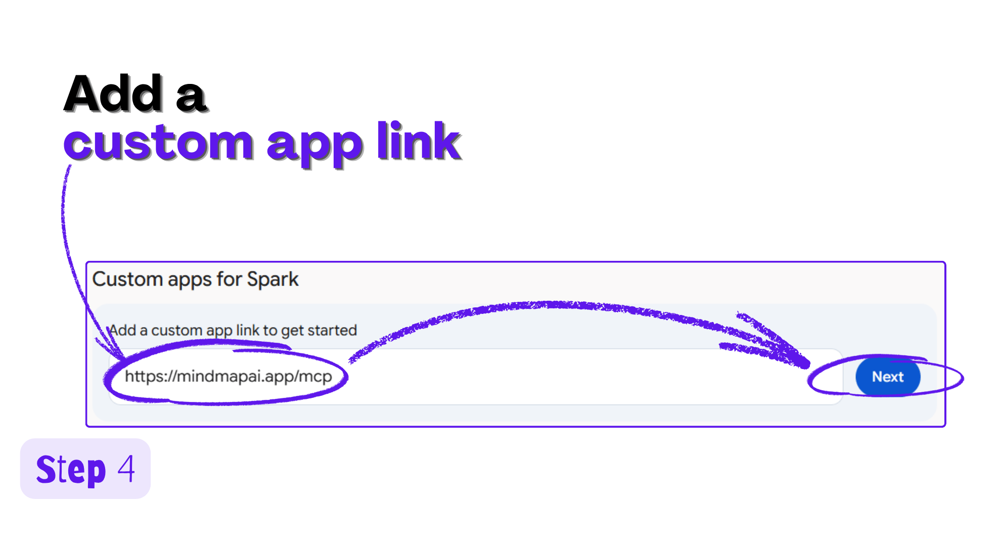 Custom apps for Spark field with the MindMap AI MCP URL pasted and Next highlighted