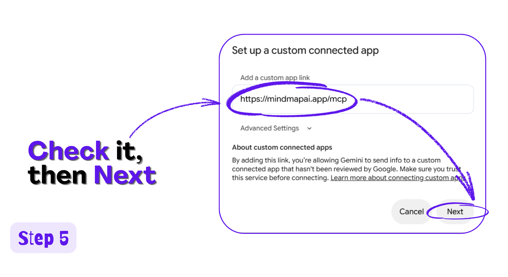 Set up a custom connected app dialog showing the MindMap AI URL with Next highlighted