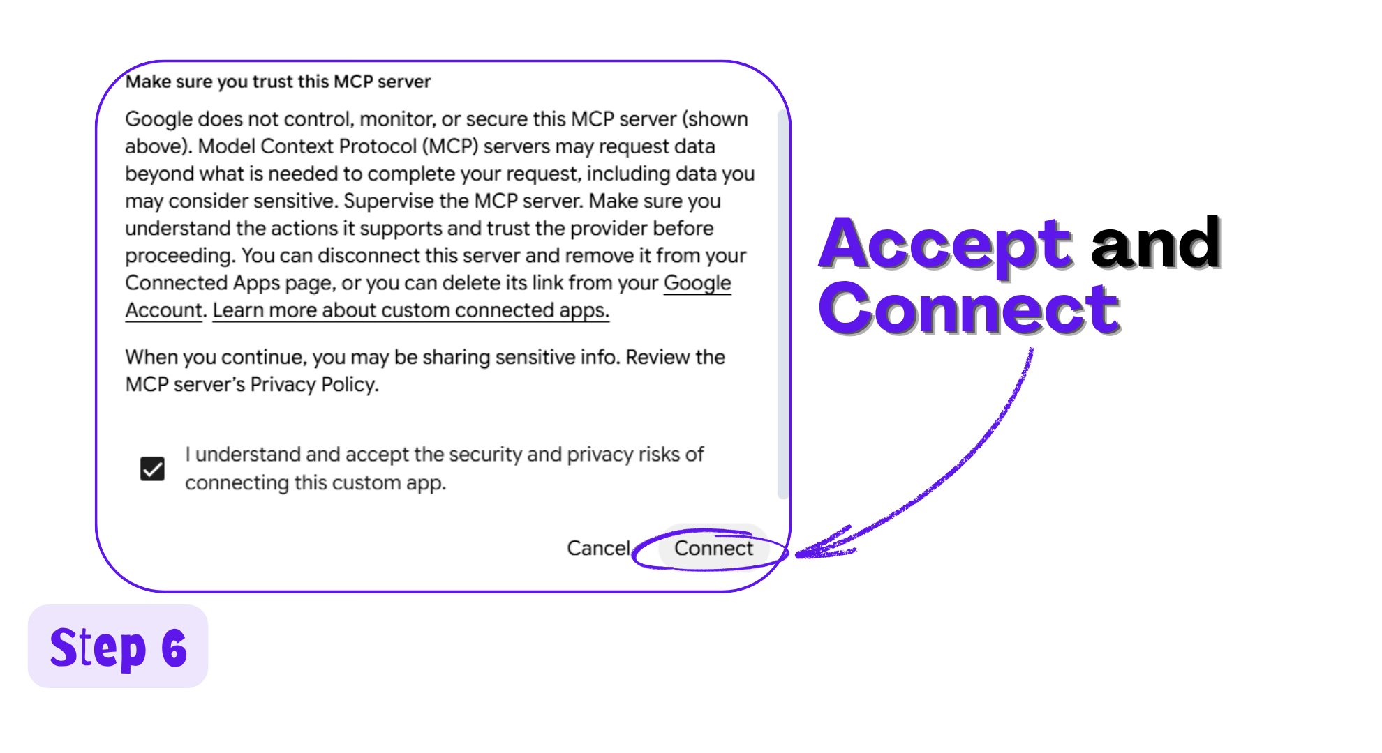 Google notice about trusting an MCP server with the checkbox ticked and Connect highlighted