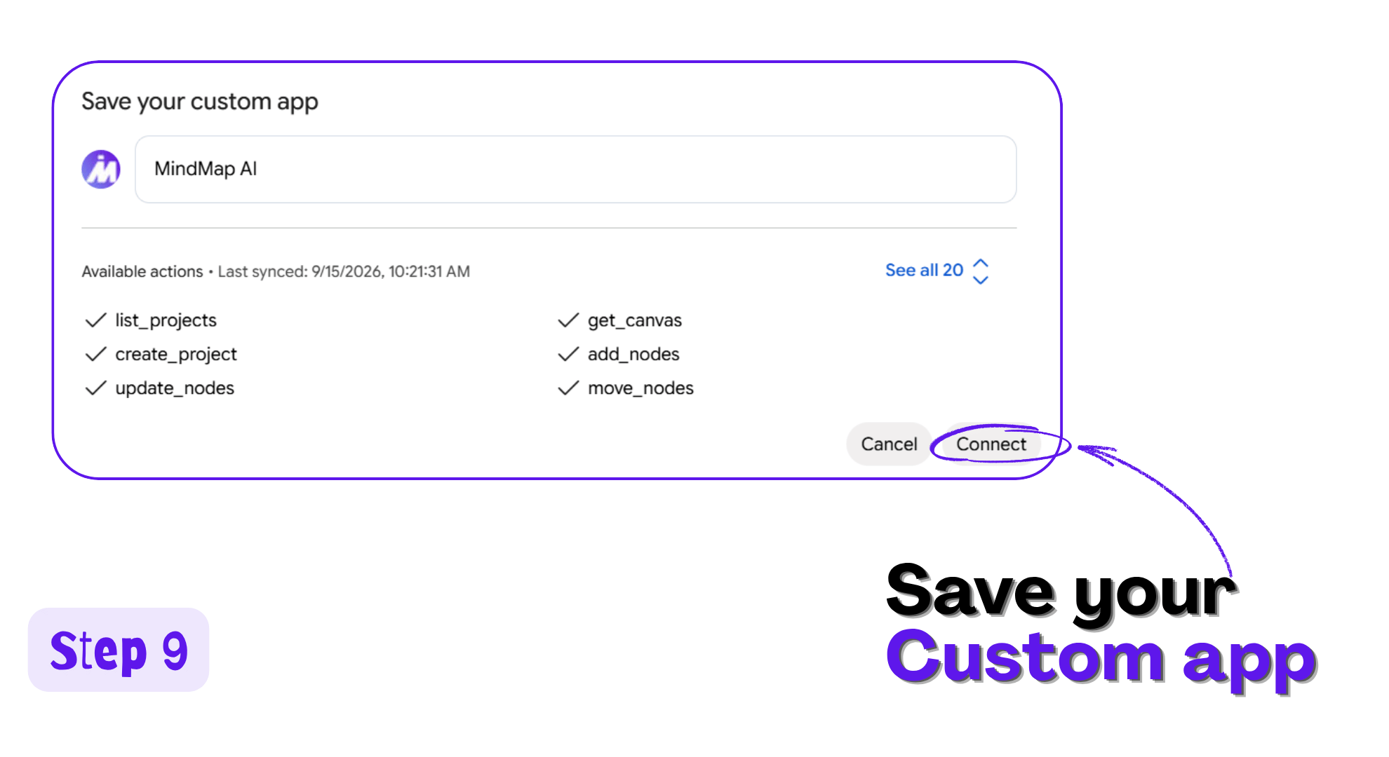 Save your custom app dialog showing MindMap AI with 20 available actions and Connect highlighted
