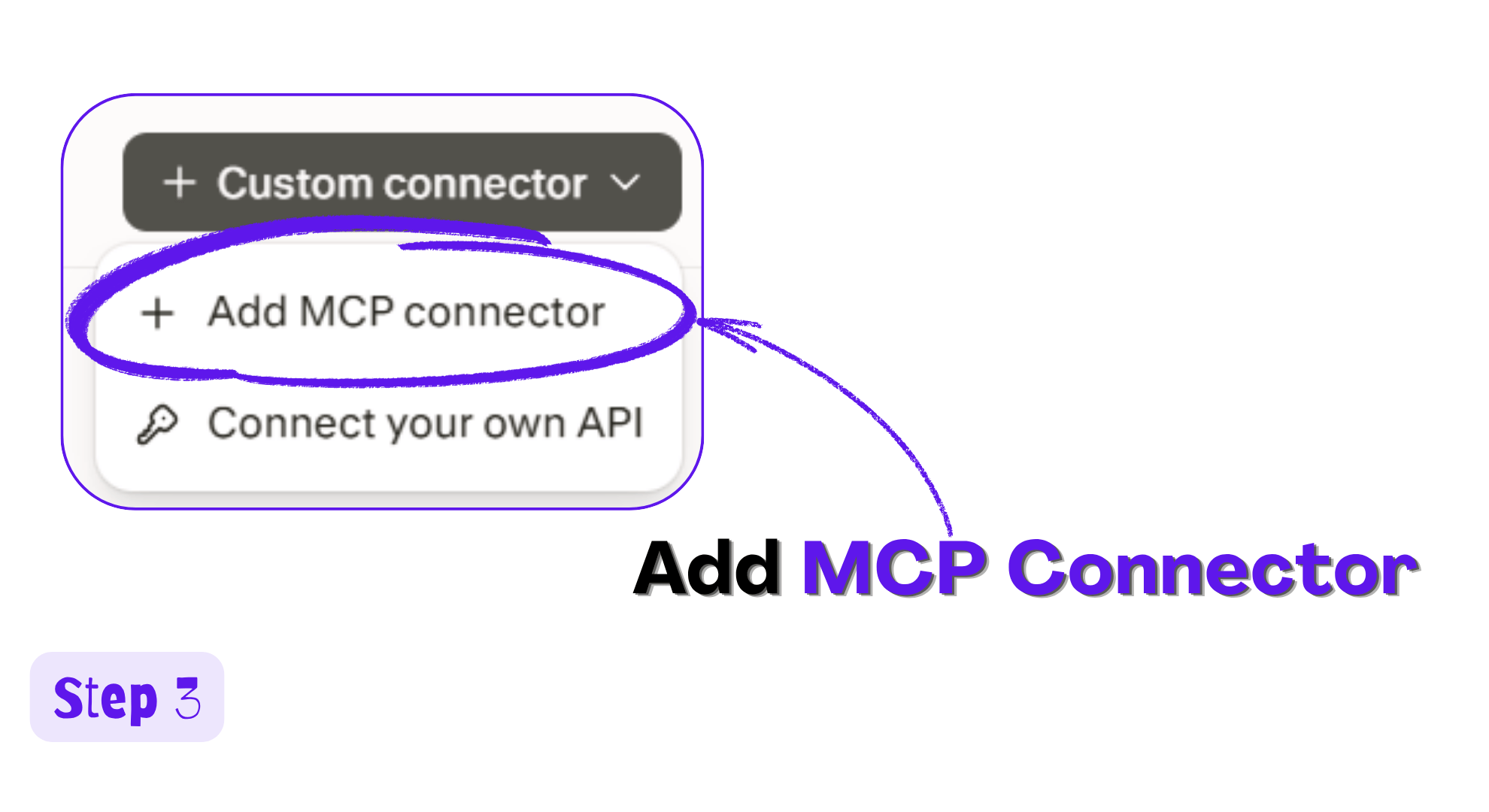 Custom connector dropdown in Perplexity with Add MCP connector highlighted