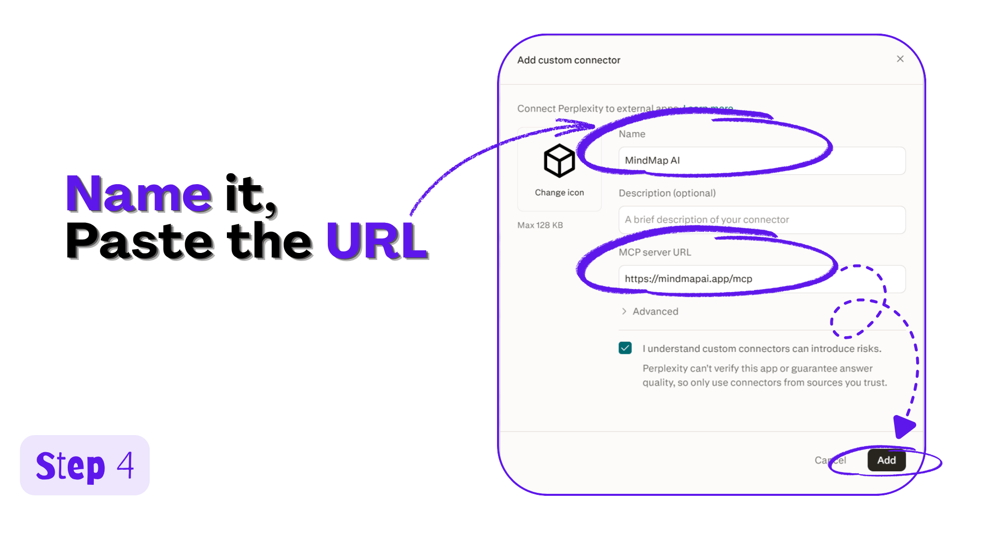 Perplexity Add custom connector dialog filled with the MindMap AI name and MCP server URL