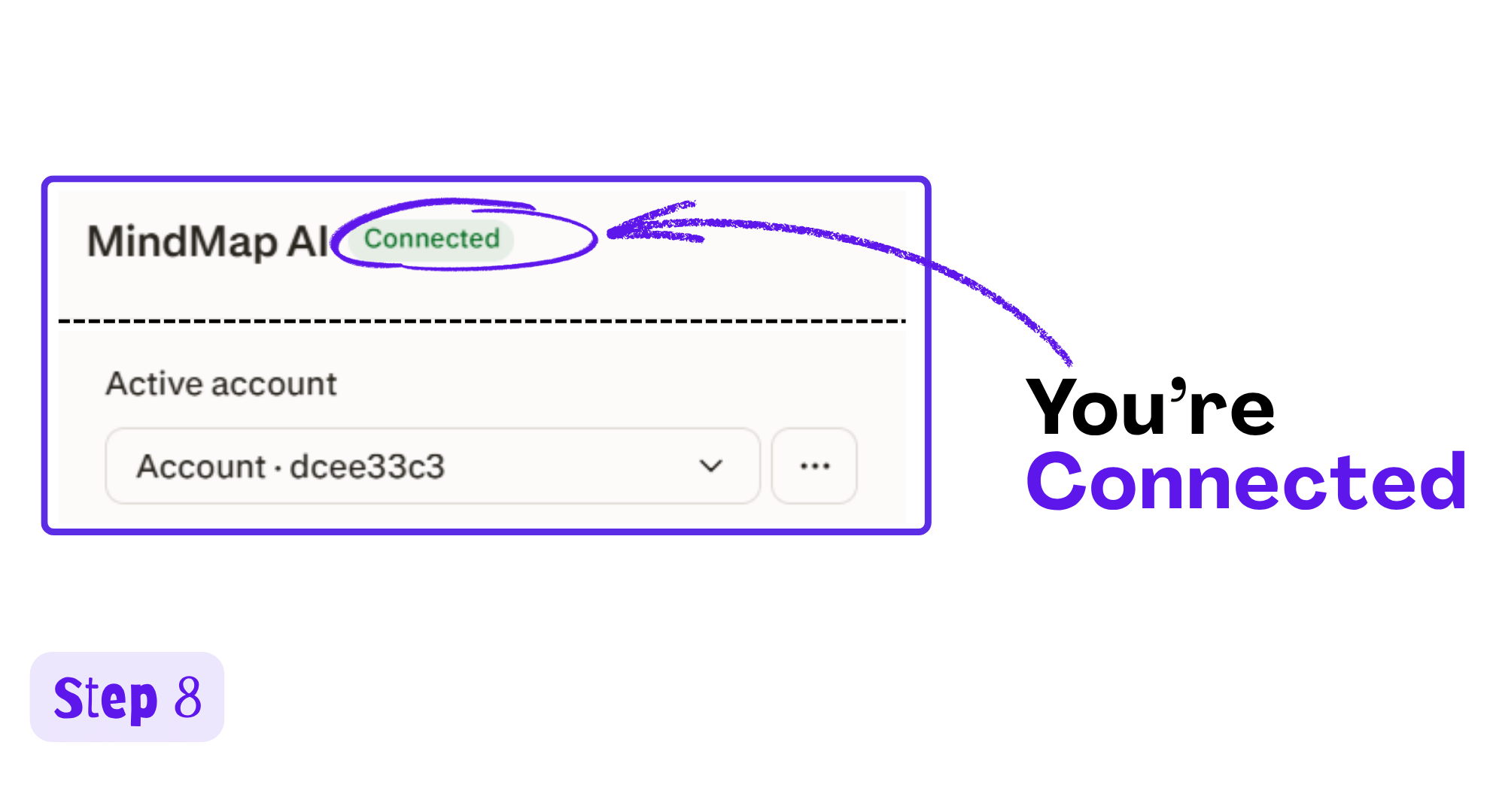 MindMap AI connector panel in Perplexity showing the Connected badge and active account