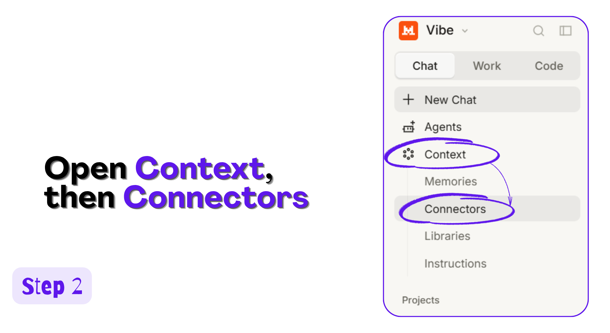 Vibe left sidebar with Context expanded and Connectors highlighted