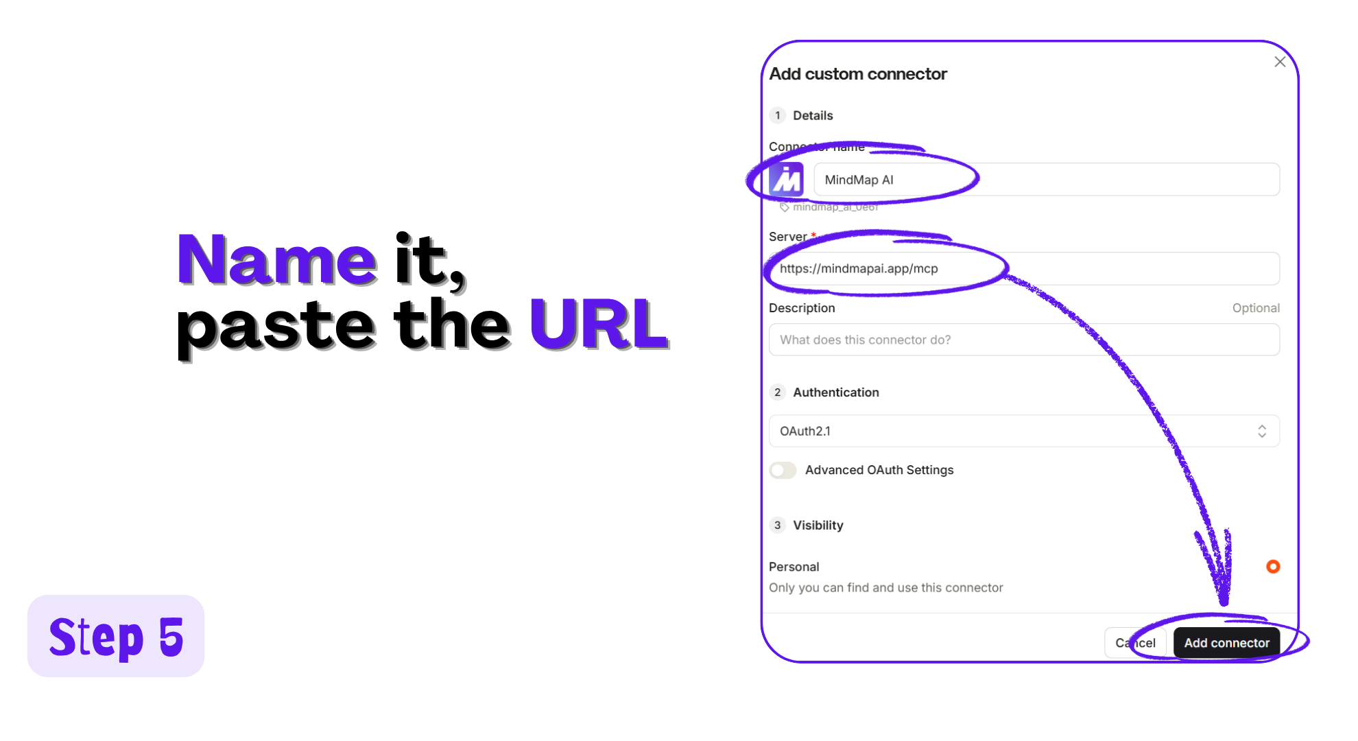 Add custom connector dialog with the name MindMap AI and the server https://mindmapai.app/mcp filled in