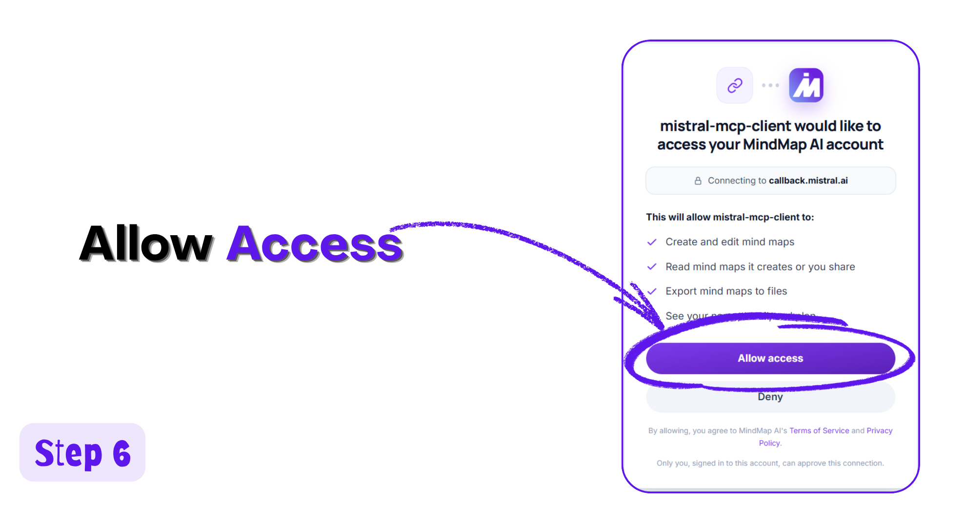 MindMap AI permission screen for mistral-mcp-client with the Allow access button highlighted