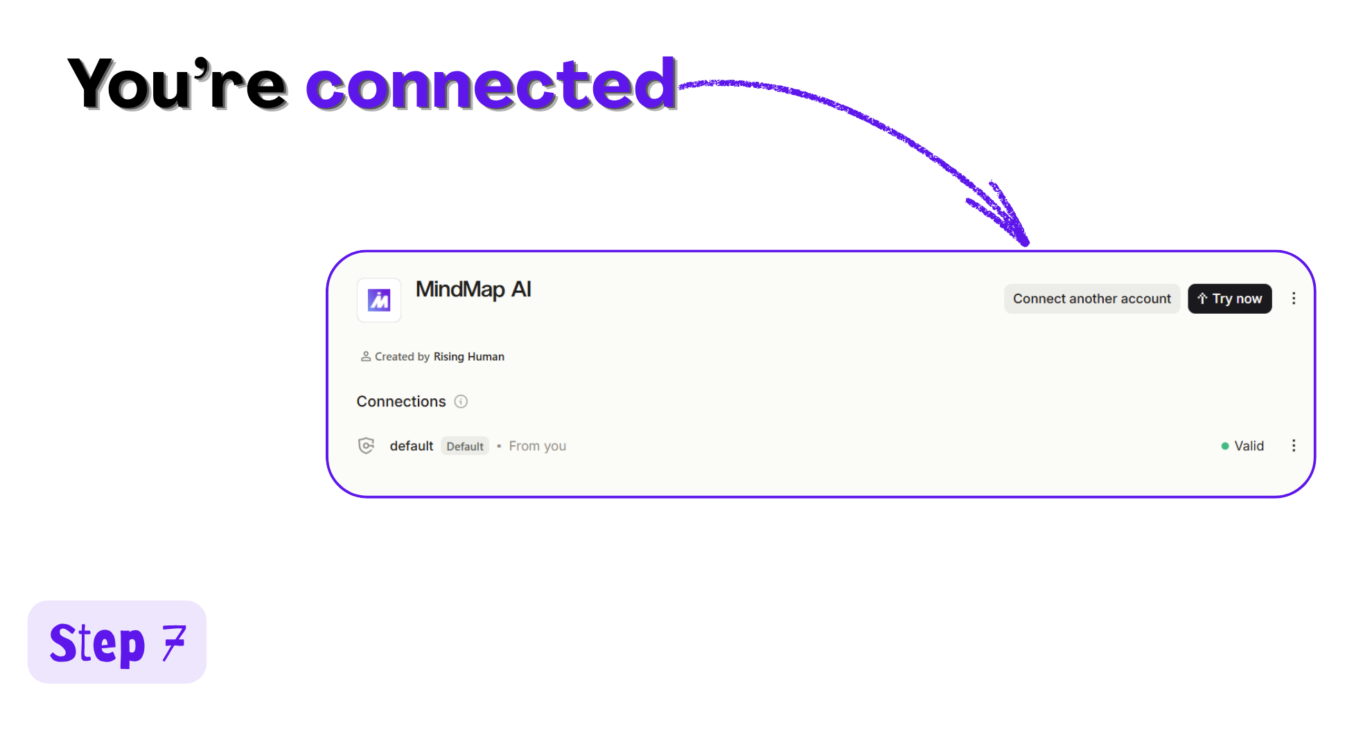 Vibe MindMap AI connector page showing a Valid connection