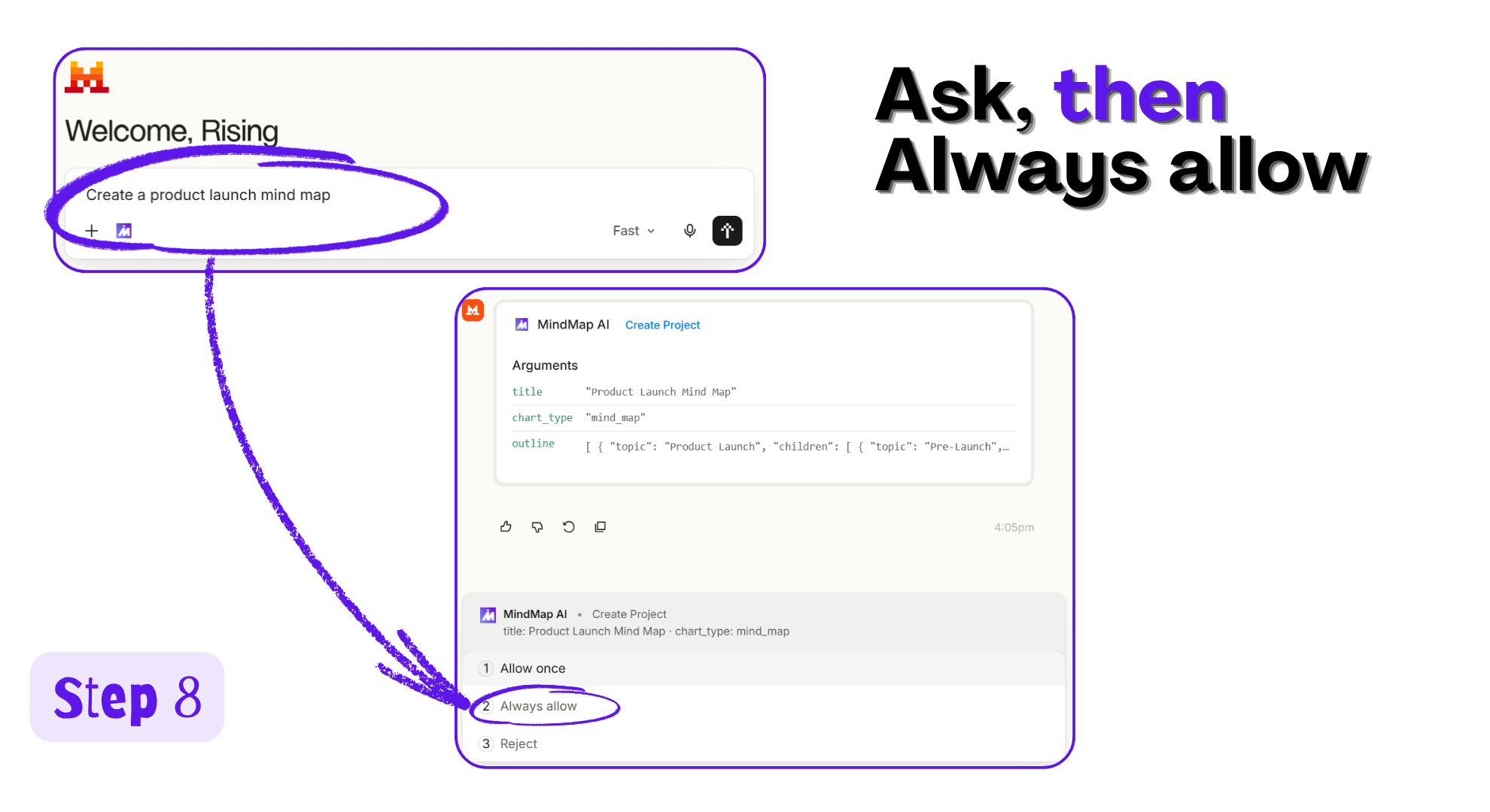 Vibe chat showing the MindMap AI Create Project tool call and the Always allow option