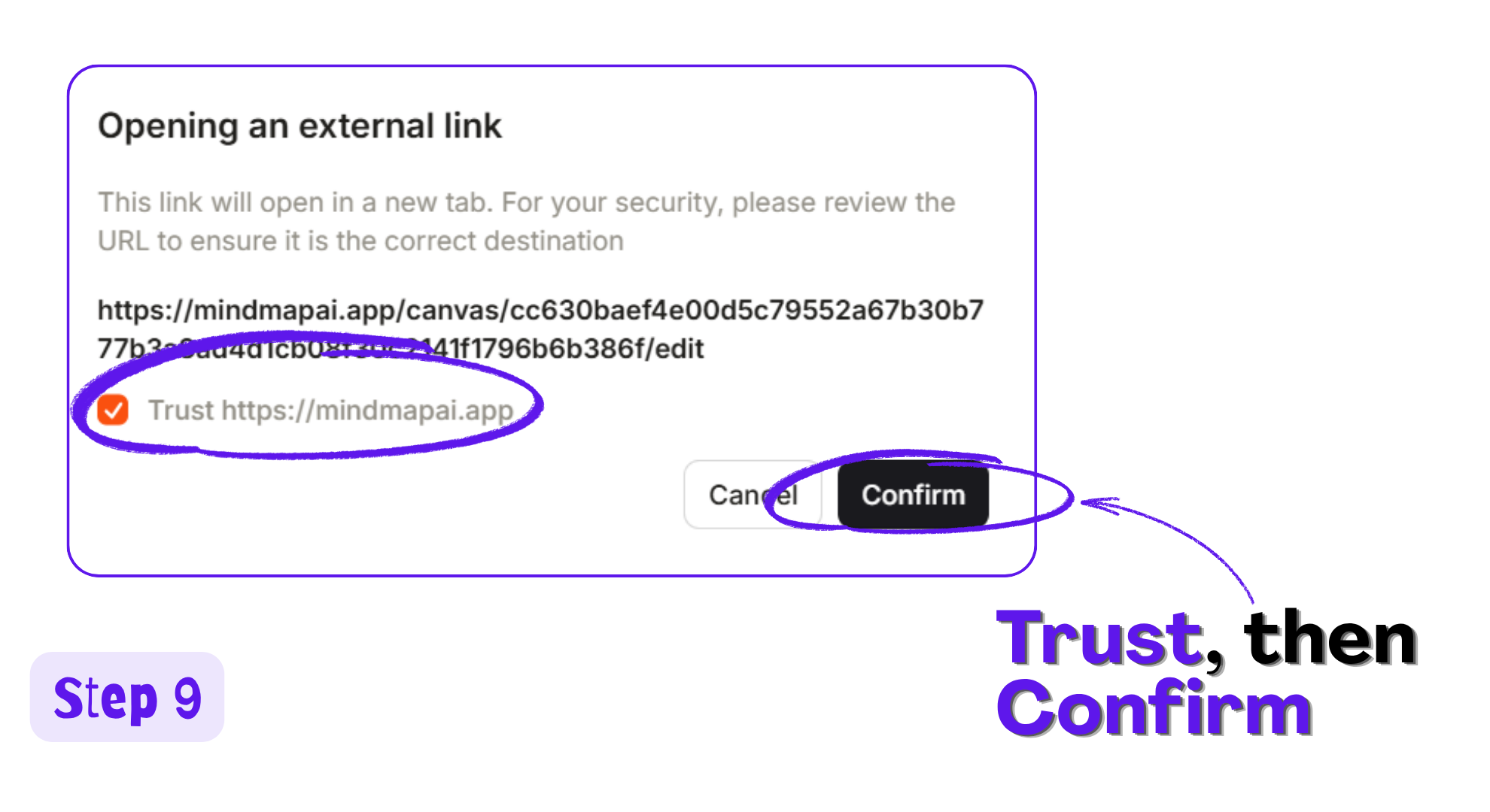 Vibe external link dialog with Trust mindmapai.app ticked and the Confirm button highlighted