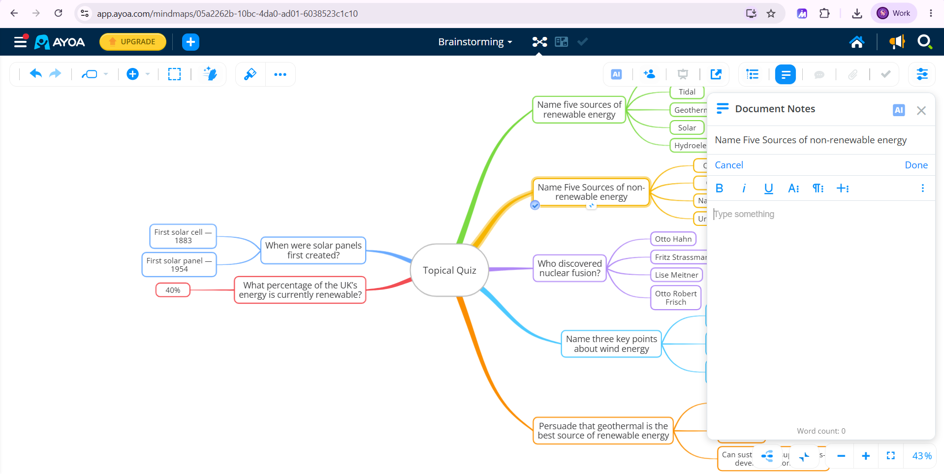 Ayoa mind map with the Document Notes panel open on the right, showing bold, italic, underline, font, paragraph and insert menus and a word count