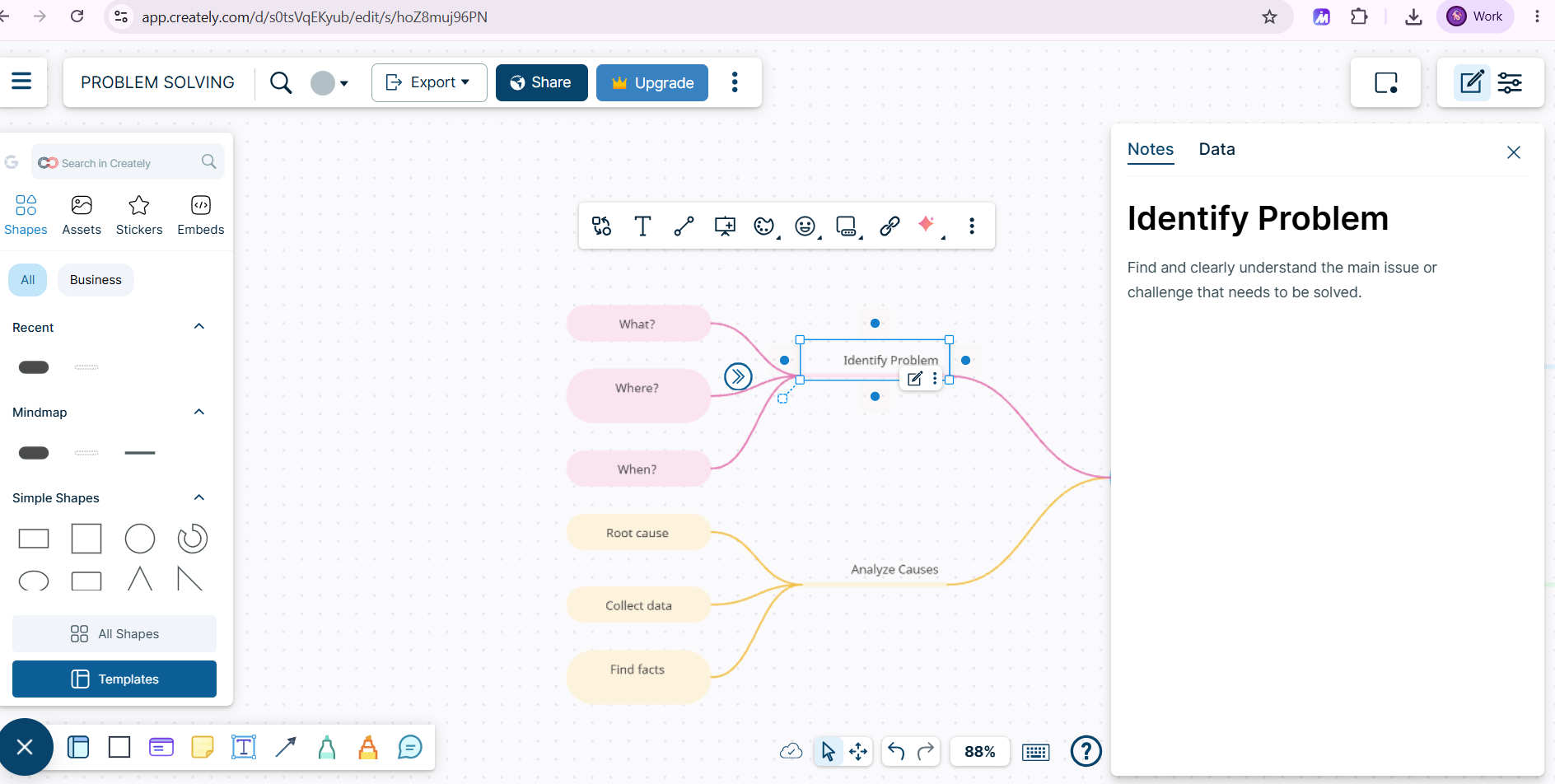 Creately canvas with the Notes panel open on the right for a selected shape, showing the note title and text
