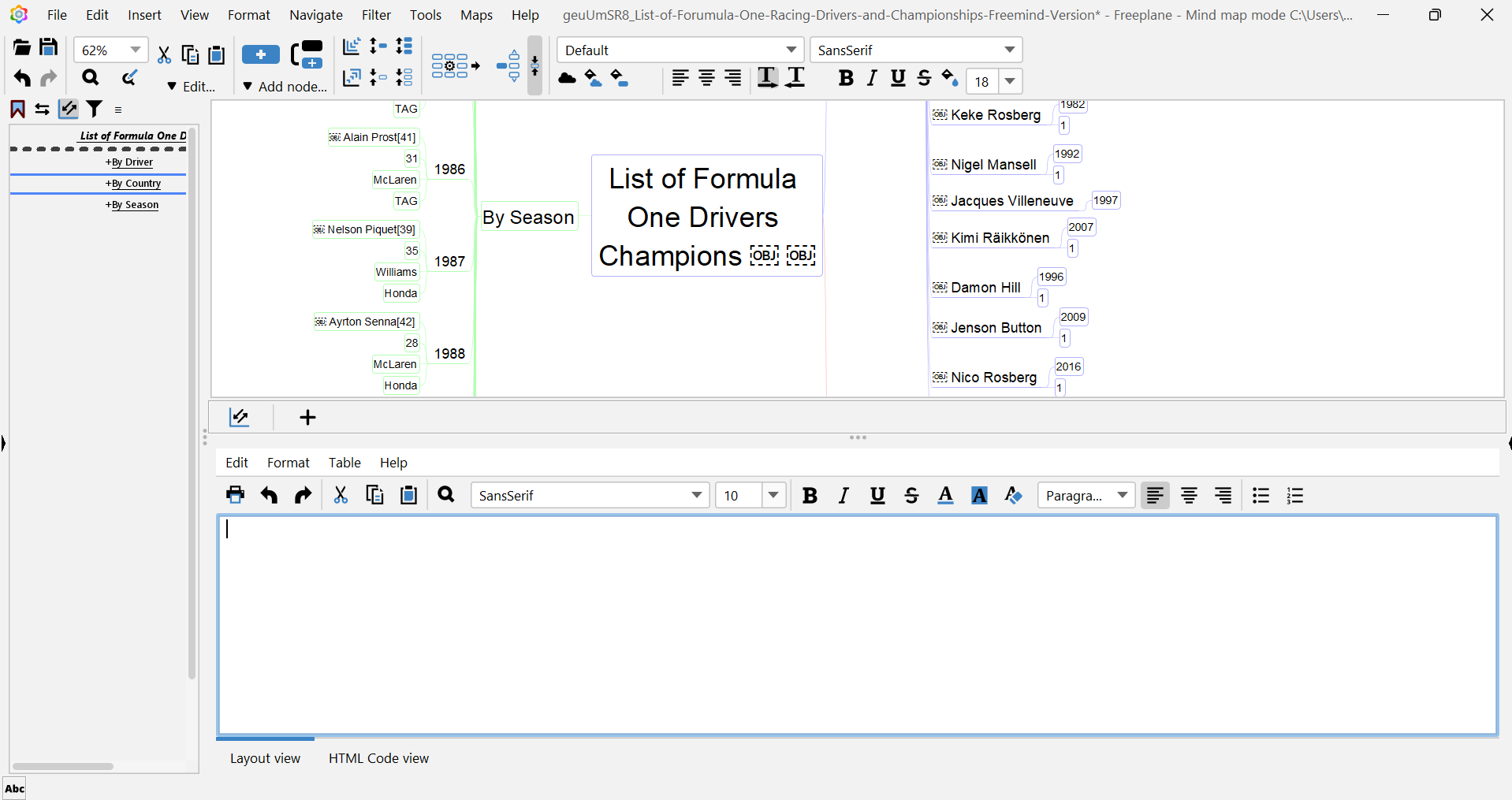 Freeplane desktop app with the note editor docked below the map, showing font, size, bold, italic, underline, strikethrough, colour, background colour, paragraph style, alignment and list controls
