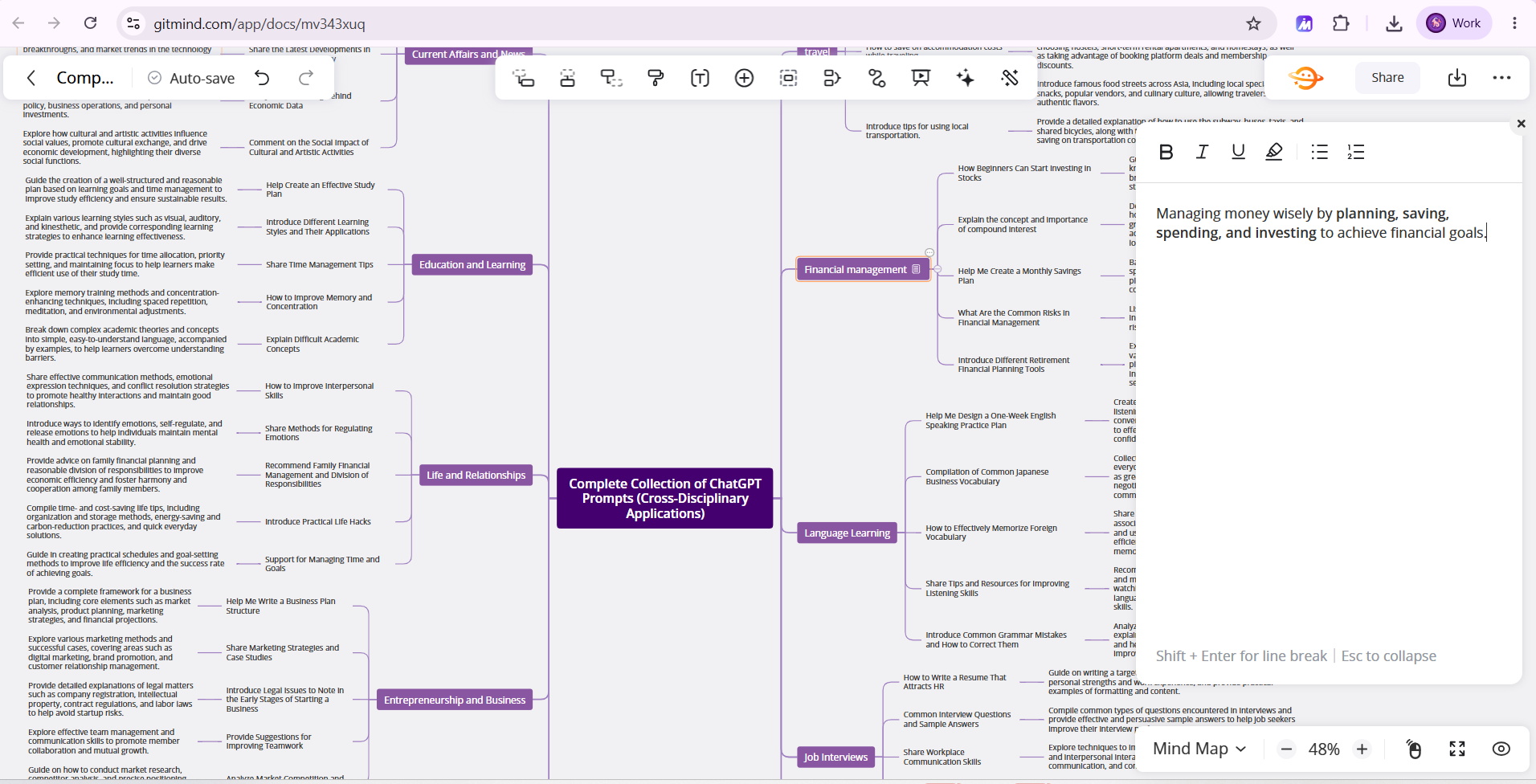 GitMind map with the note panel open on the right, showing bold, italic, underline, highlighter, bullet list and numbered list buttons
