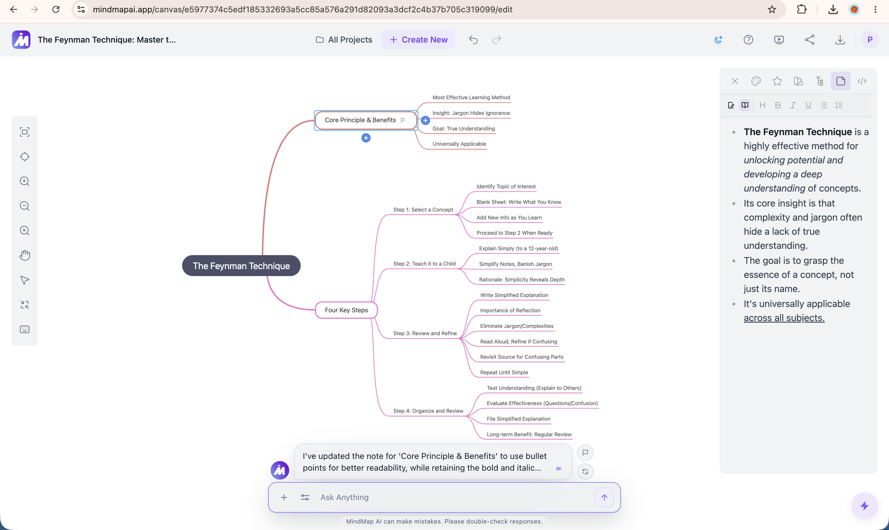 MindMap AI canvas with a Markdown note rendered in the right-side panel, and the AI chat confirming it rewrote the note as bullet points while keeping the bold and italic