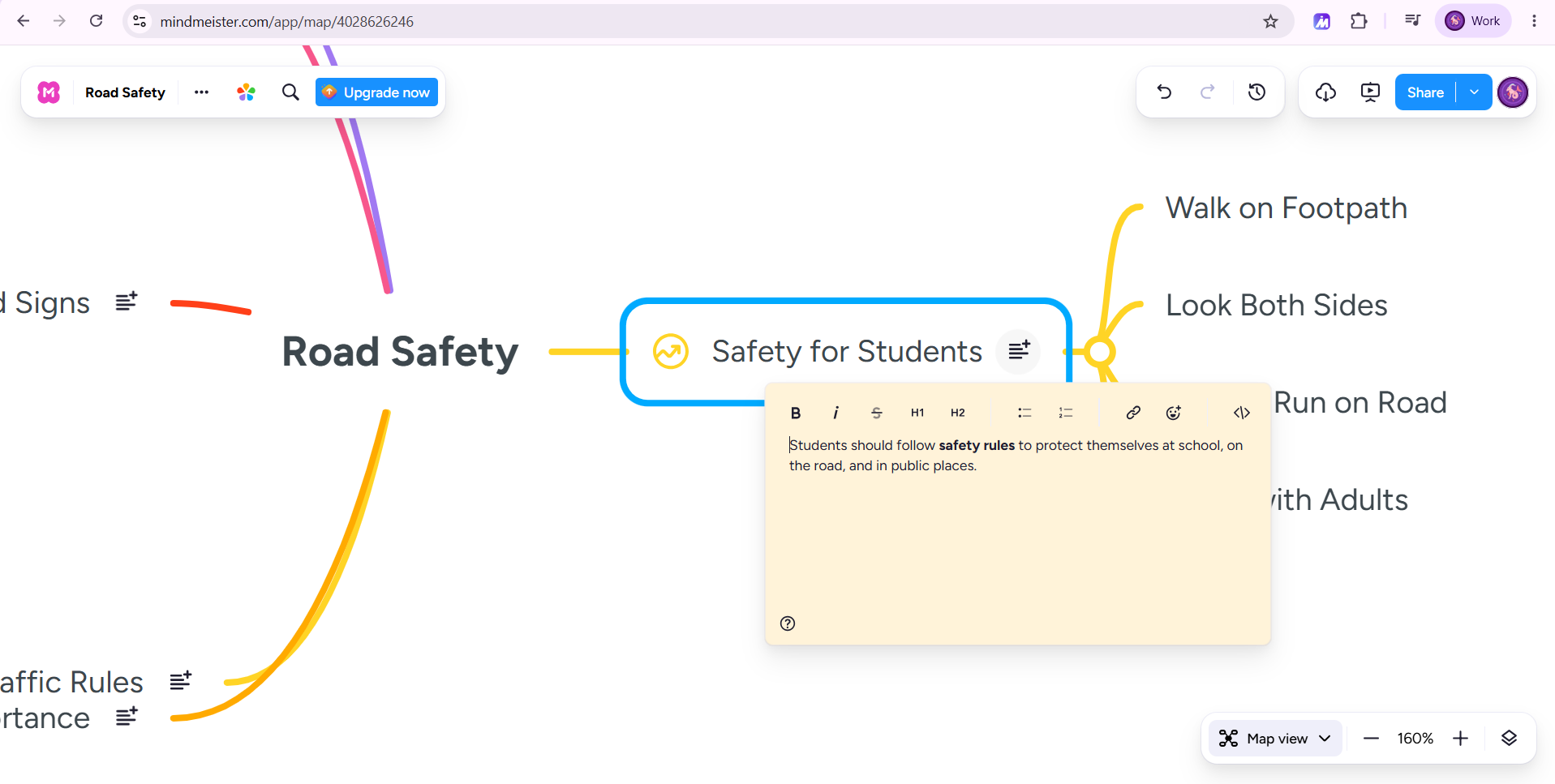 MindMeister map with a note popup open on a topic, showing bold, italic, strikethrough, H1, H2, bullet list, numbered list, link, emoji and code buttons
