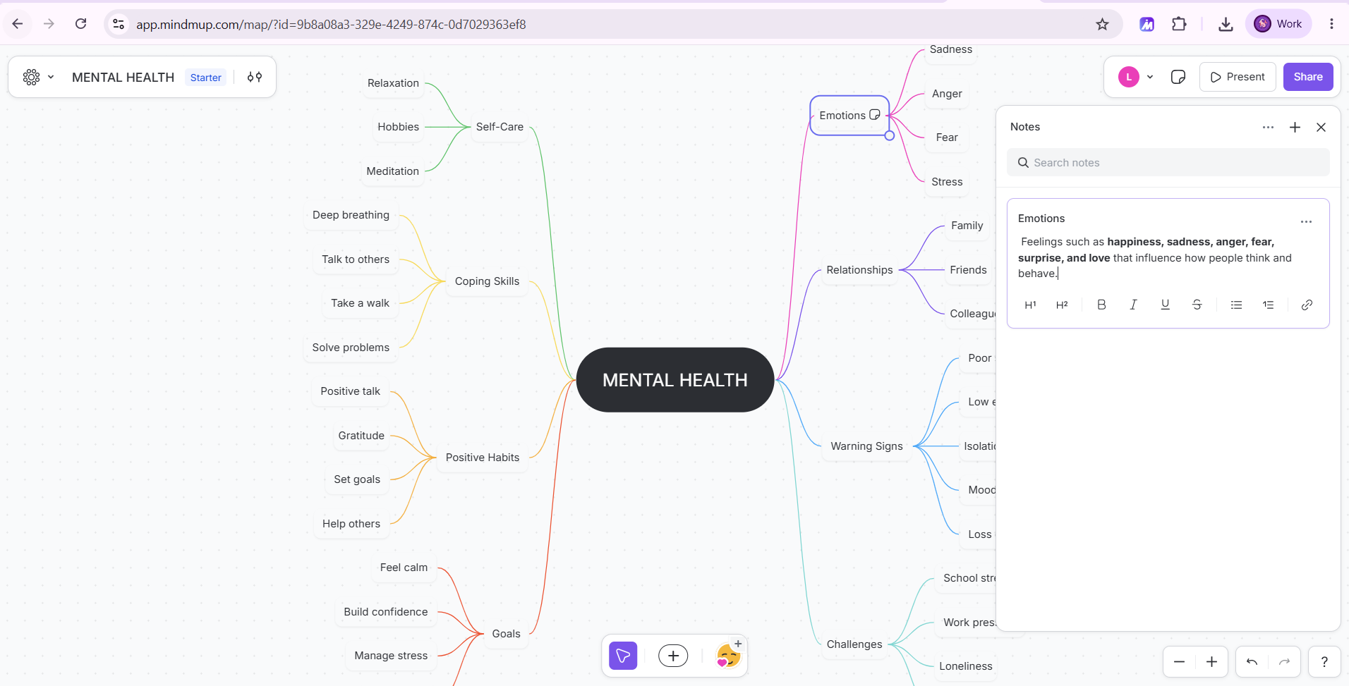 MindMup map with the Notes panel open on the right, showing a search box and a note with H1, H2, bold, italic, underline, strikethrough, list and link buttons