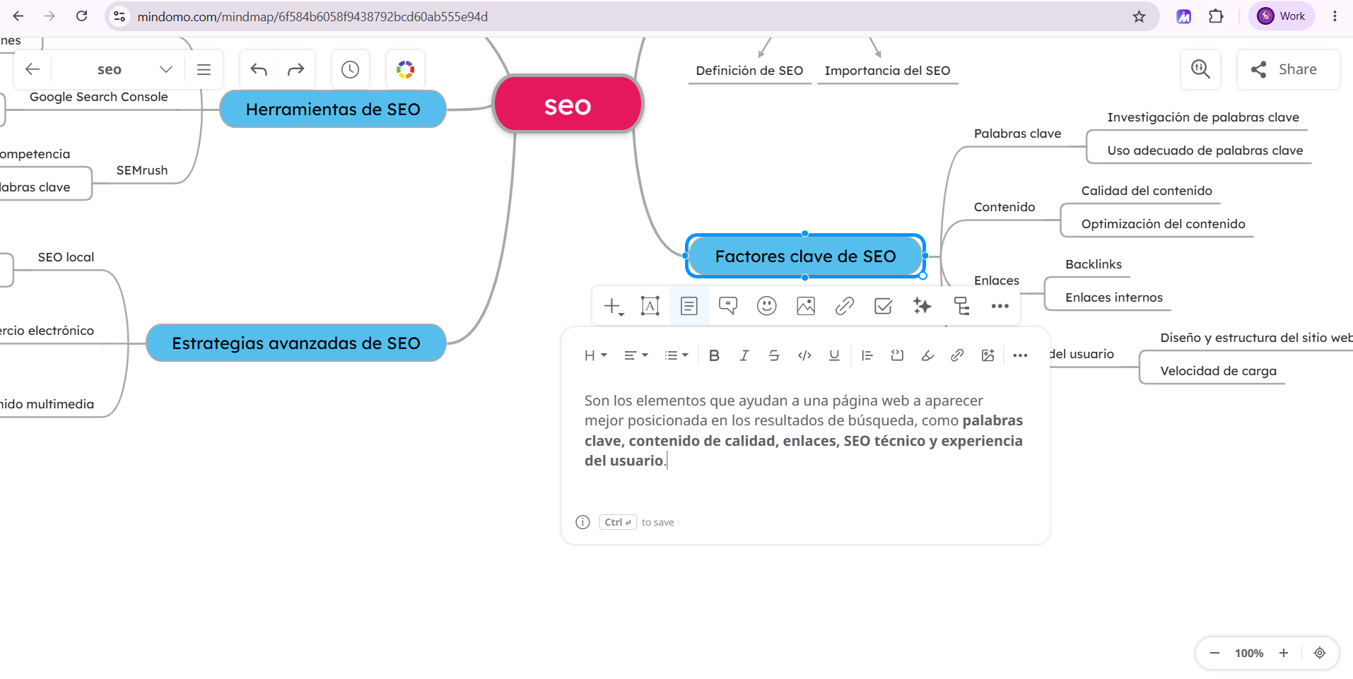 Mindomo map with the note editor open under a topic, showing headings, alignment, lists, bold, italic, strikethrough, code, underline, checklist, highlight, link and image buttons