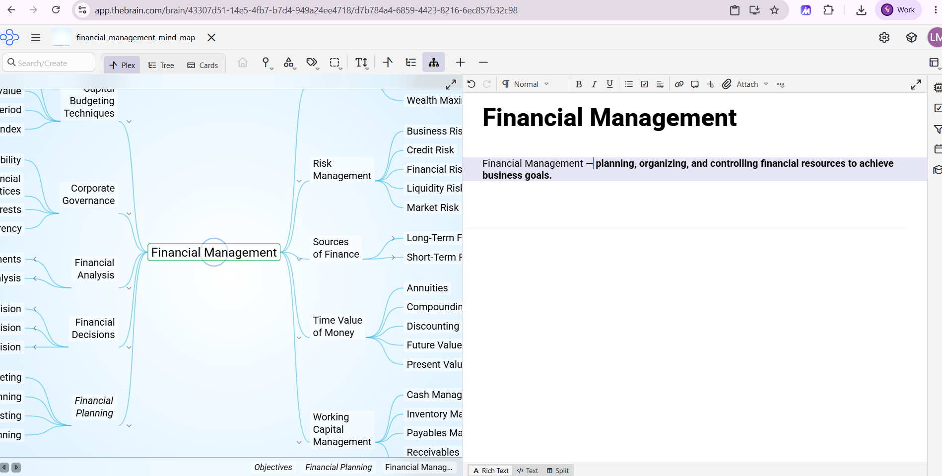 TheBrain web app with the plex on the left and the note panel on the right, showing paragraph styles, bold, italic, underline, list, checkbox, alignment, link, comment and attach buttons, plus Rich Text, Text and Split modes