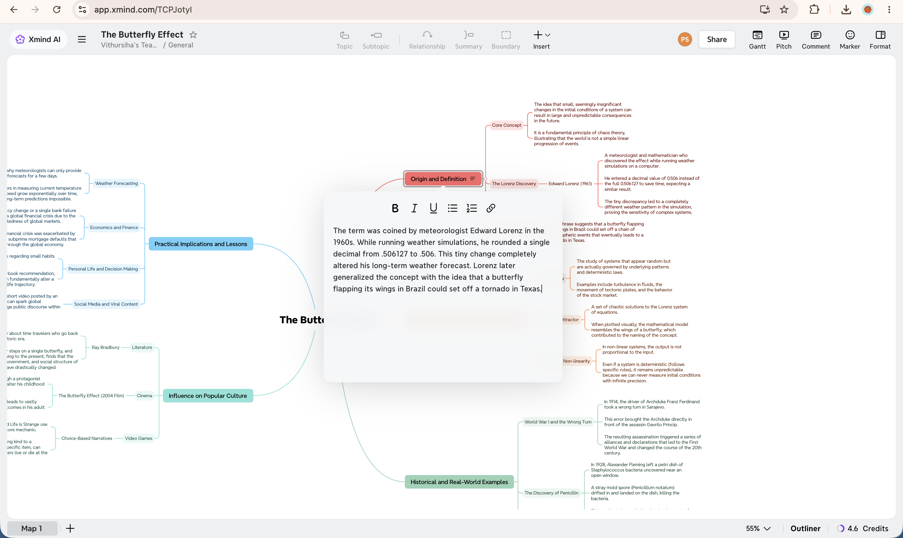 Xmind map with a note popup open on a topic, showing a paragraph of note text and a toolbar with bold, italic, underline, bullet list, numbered list and link