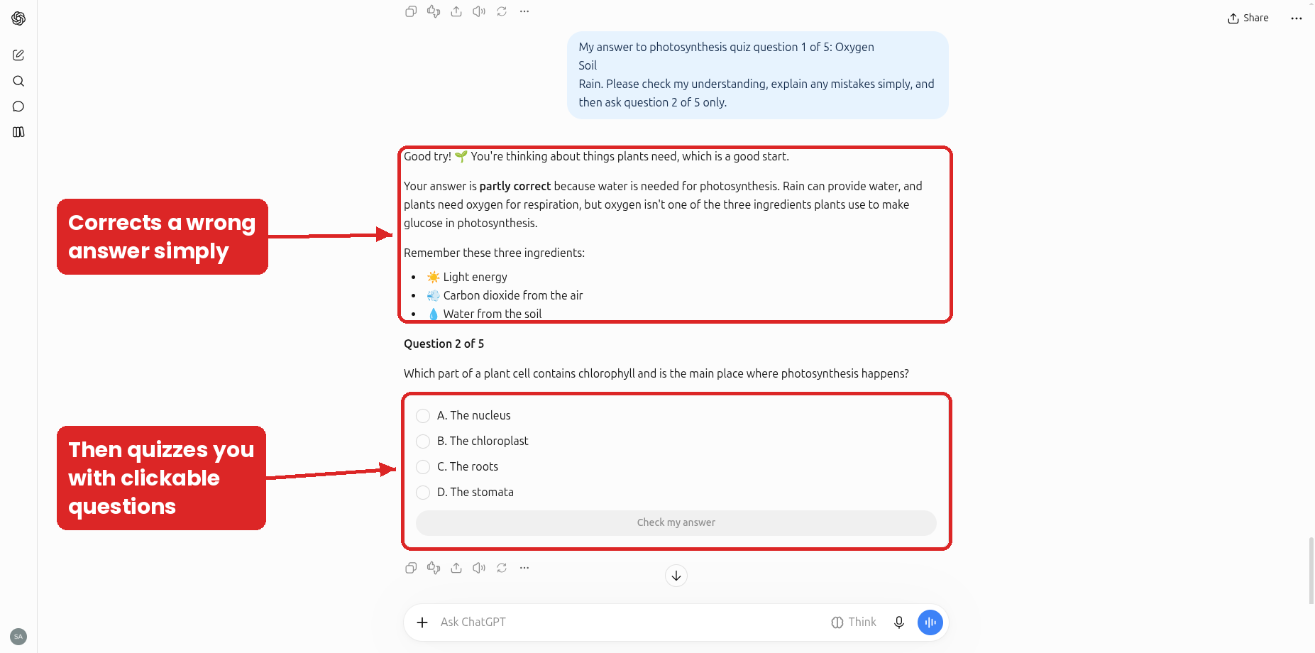 ChatGPT correcting a partly wrong quiz answer about photosynthesis, then asking the next question as a clickable multiple-choice quiz