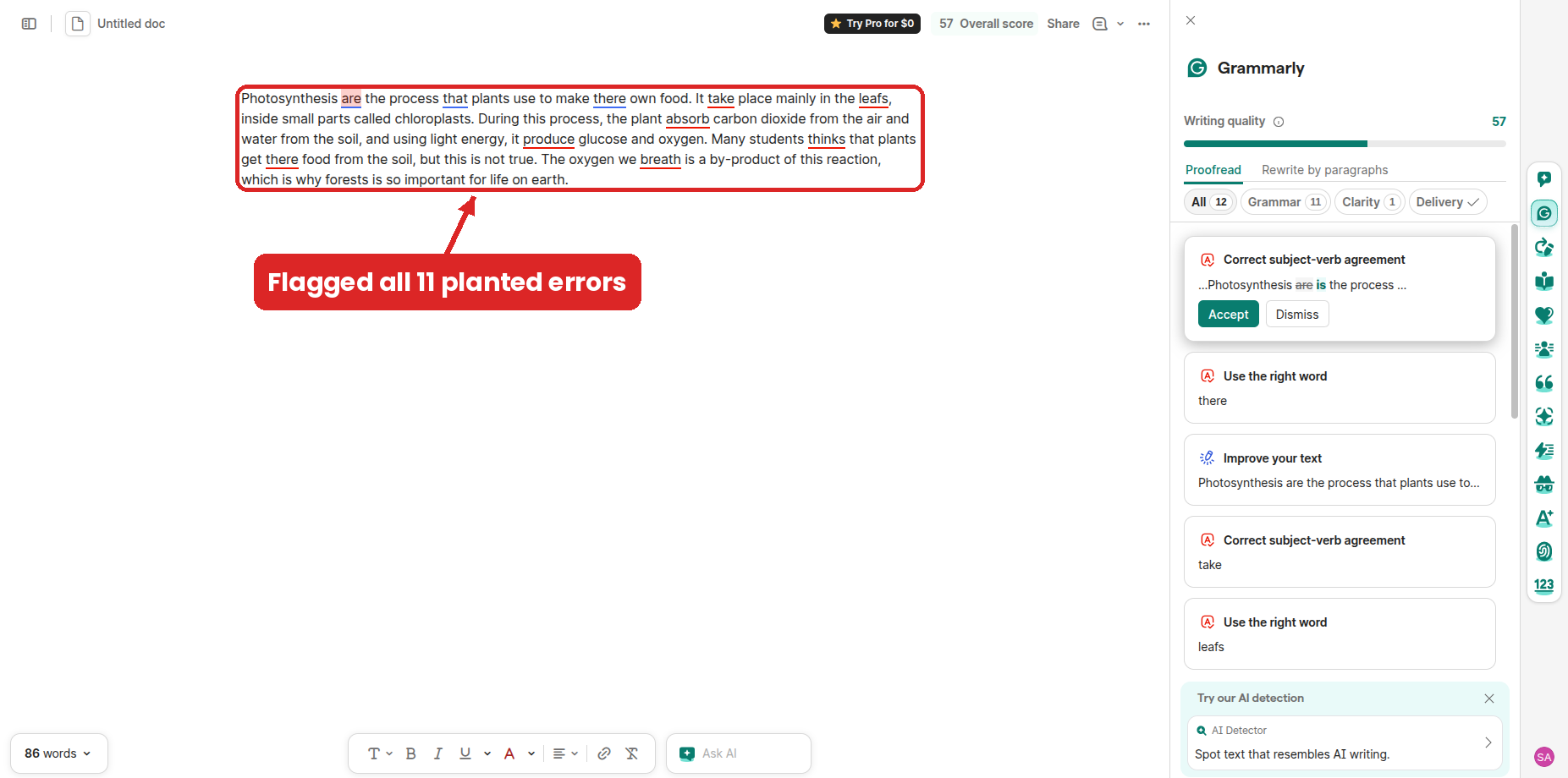 Grammarly flagging all 11 planted errors in a paragraph about photosynthesis, with suggestions in the sidebar