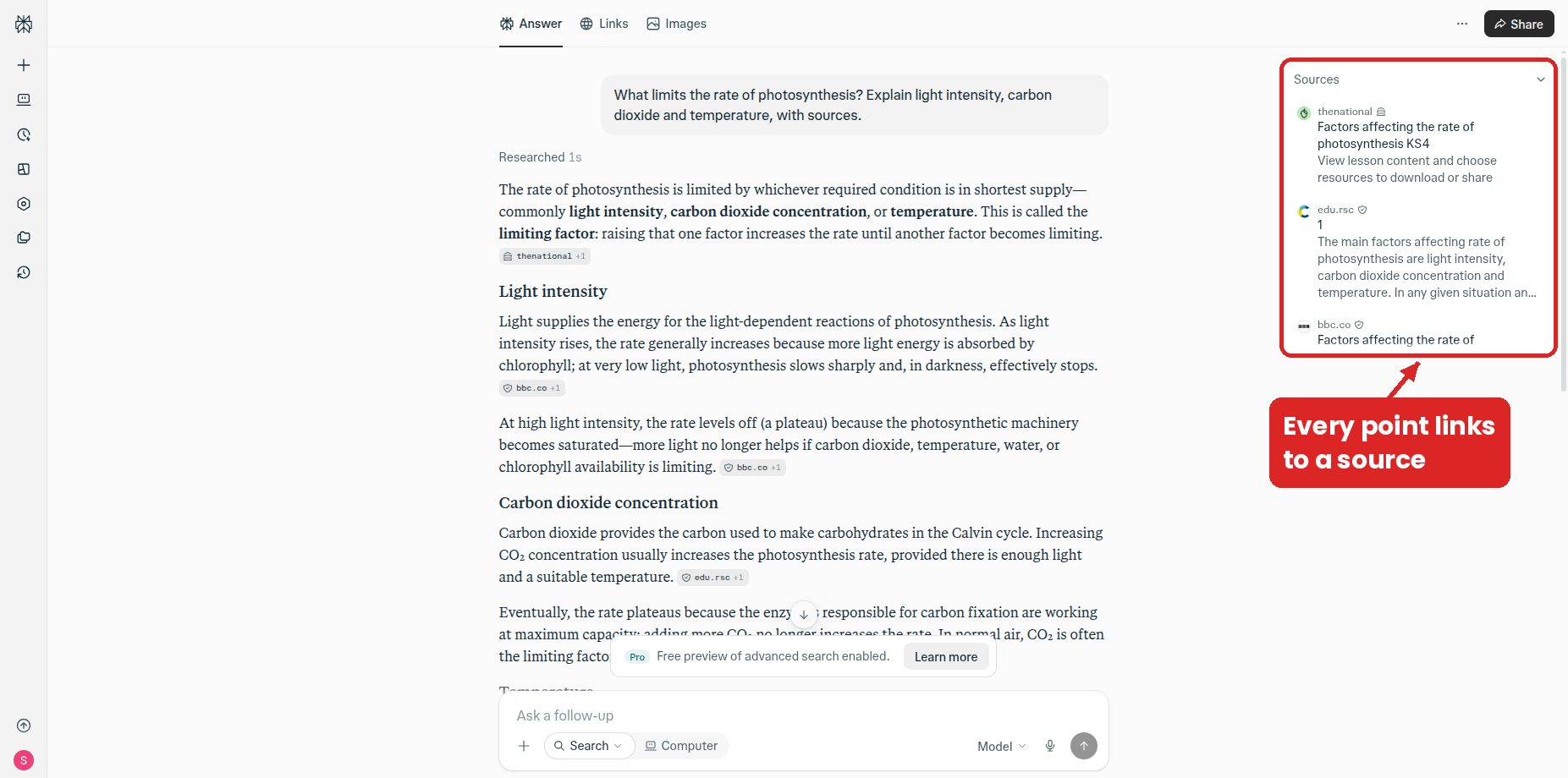 Perplexity answering what limits the rate of photosynthesis, with source tags and the sources panel open