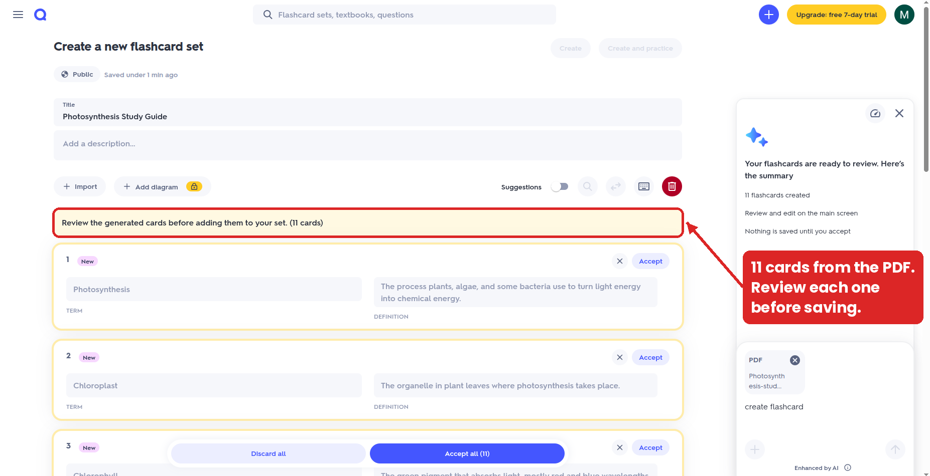 Quizlet showing 11 AI-generated flashcards from the photosynthesis PDF, waiting to be accepted or discarded