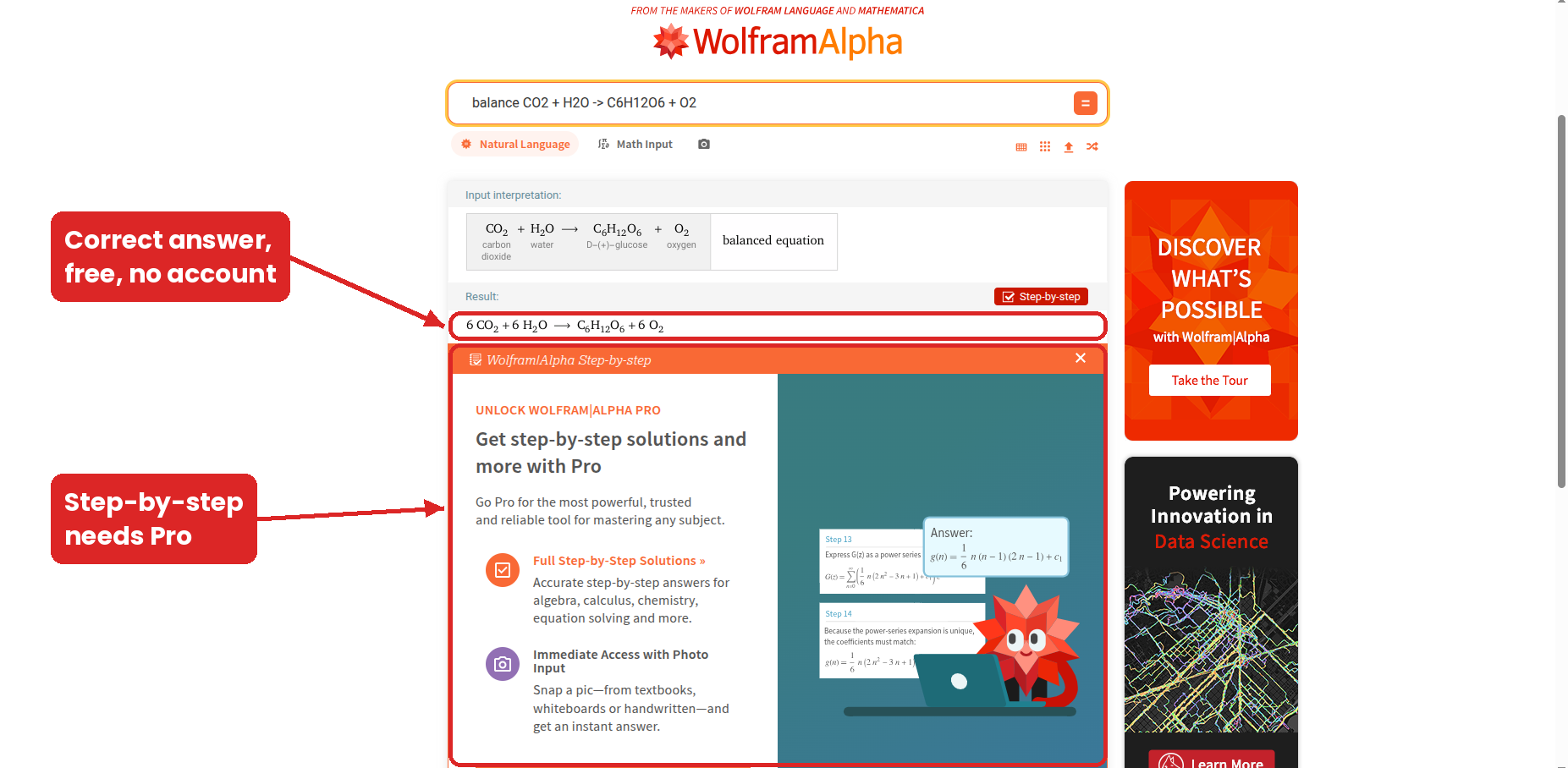 Wolfram Alpha balancing the photosynthesis equation correctly, with the step-by-step button opening a Pro upgrade panel
