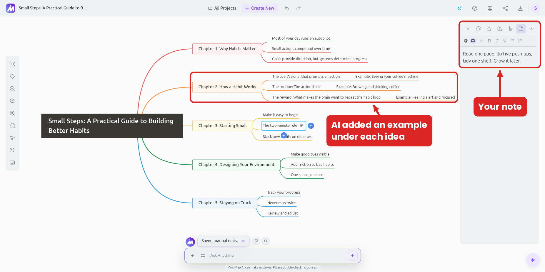 Refining a book mind map with the AI Copilot and a note on a node