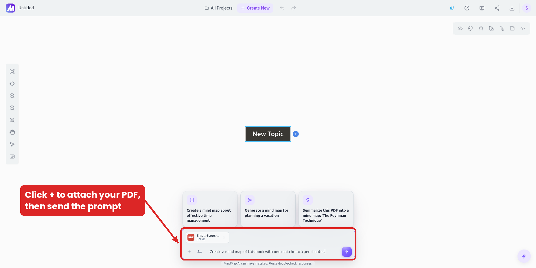 Attaching a book PDF in the MindMap AI chat with a prompt