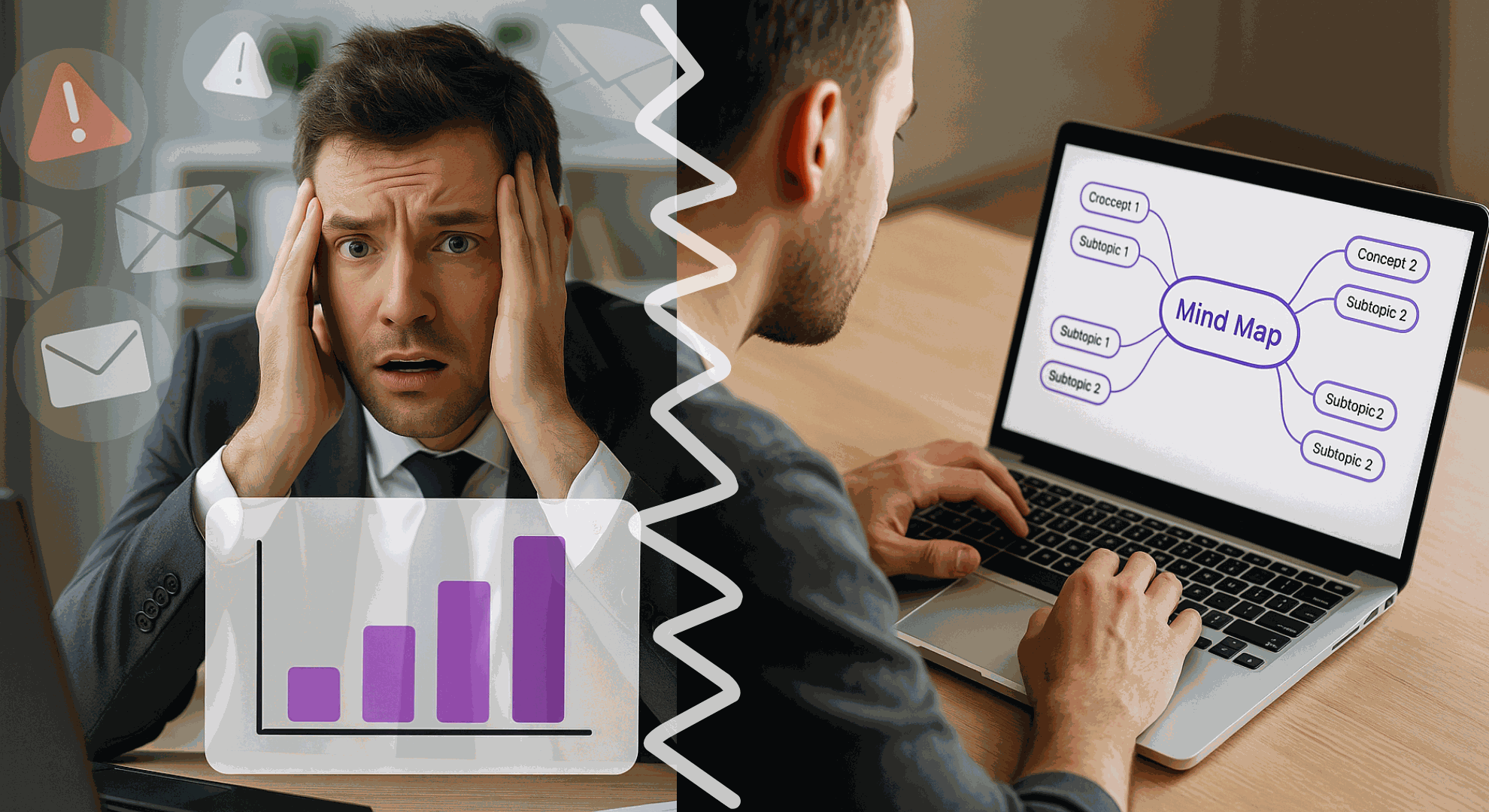 Before and after: information overload contrasted with a structured mind map