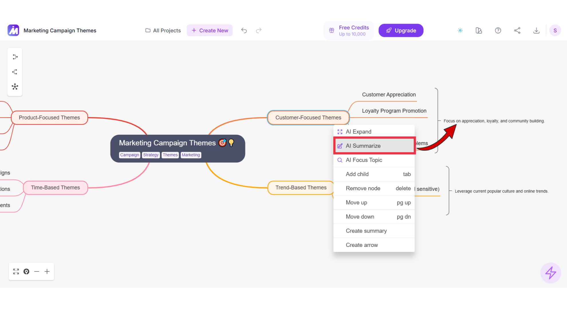 Mindmap AI's AI summarize Screenshot