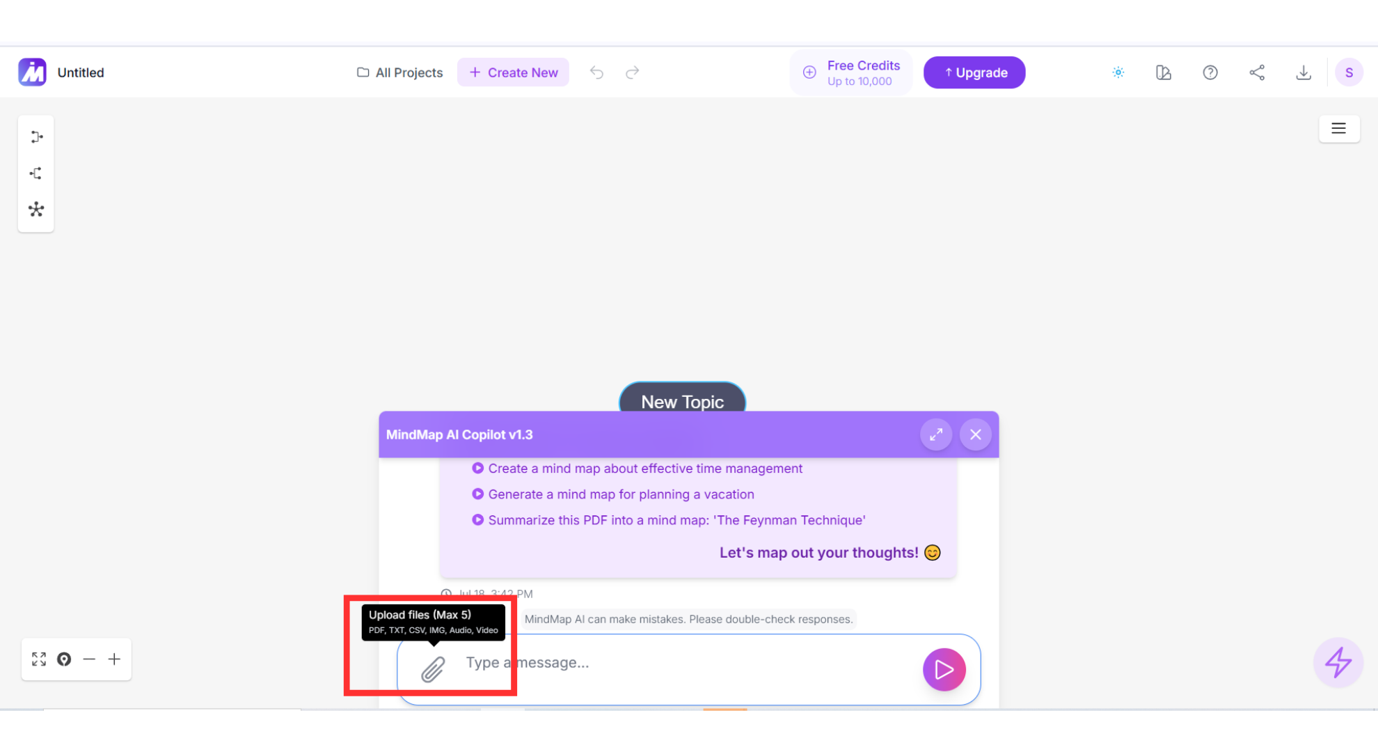 MindMap AI file import dialog listing supported formats: PDF, DOCX, TXT, Markdown, CSV, audio, and video
