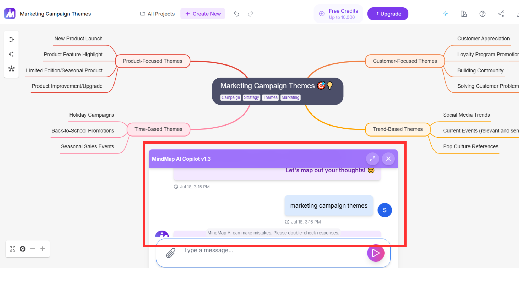MindMap AI sidebar chat window with AI-generated subtopic suggestions for expanding essay map branches