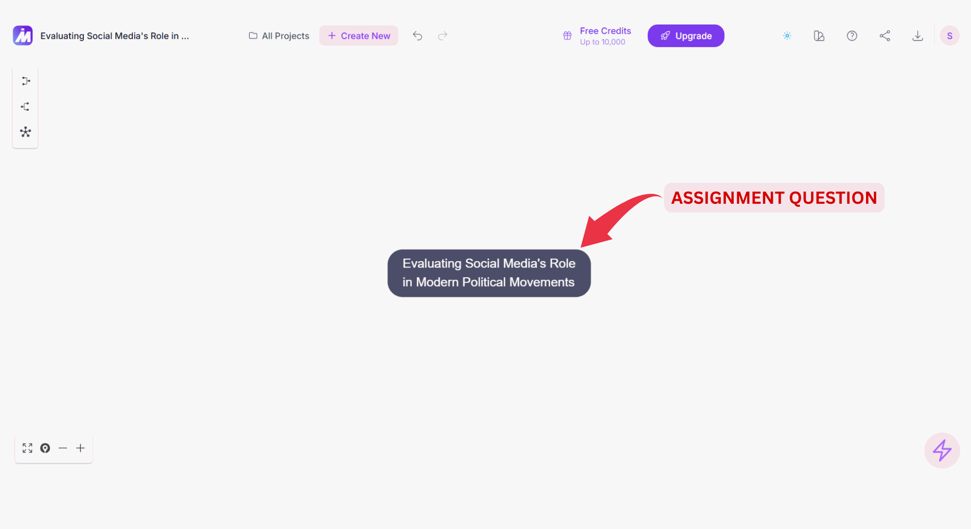 Close-up of a mind map's center node labeled with the assignment question