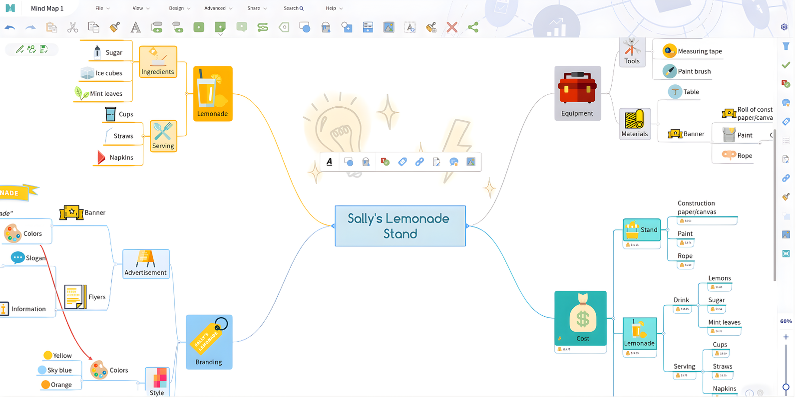 MindManager desktop app with its ribbon toolbar and a detailed project map