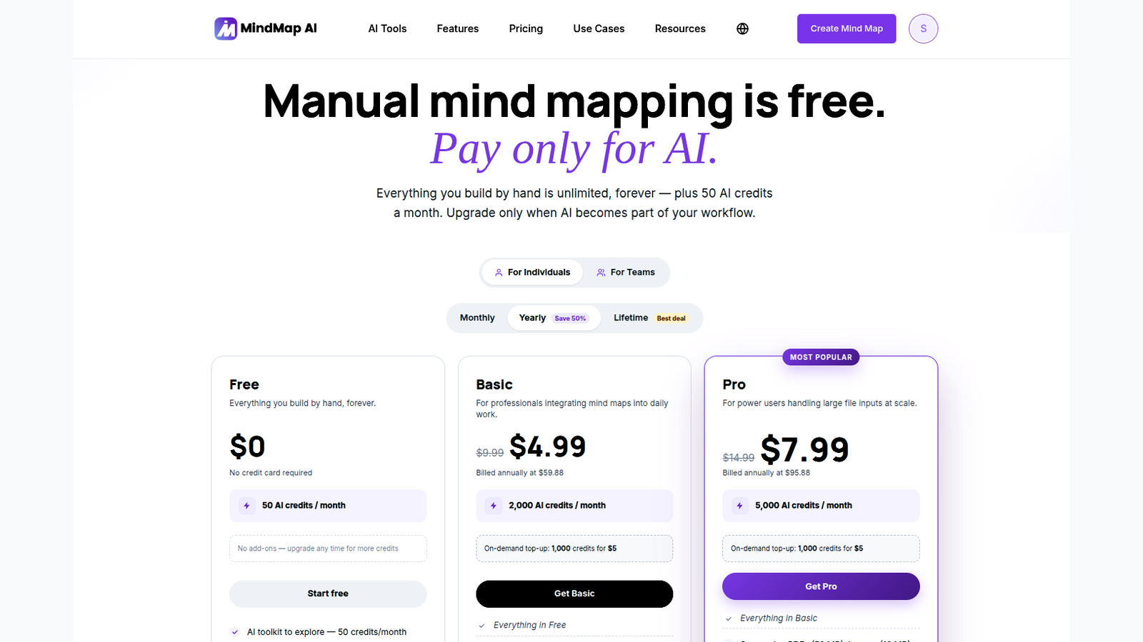 MindMap AI pricing page showing the free plan alongside the paid tiers