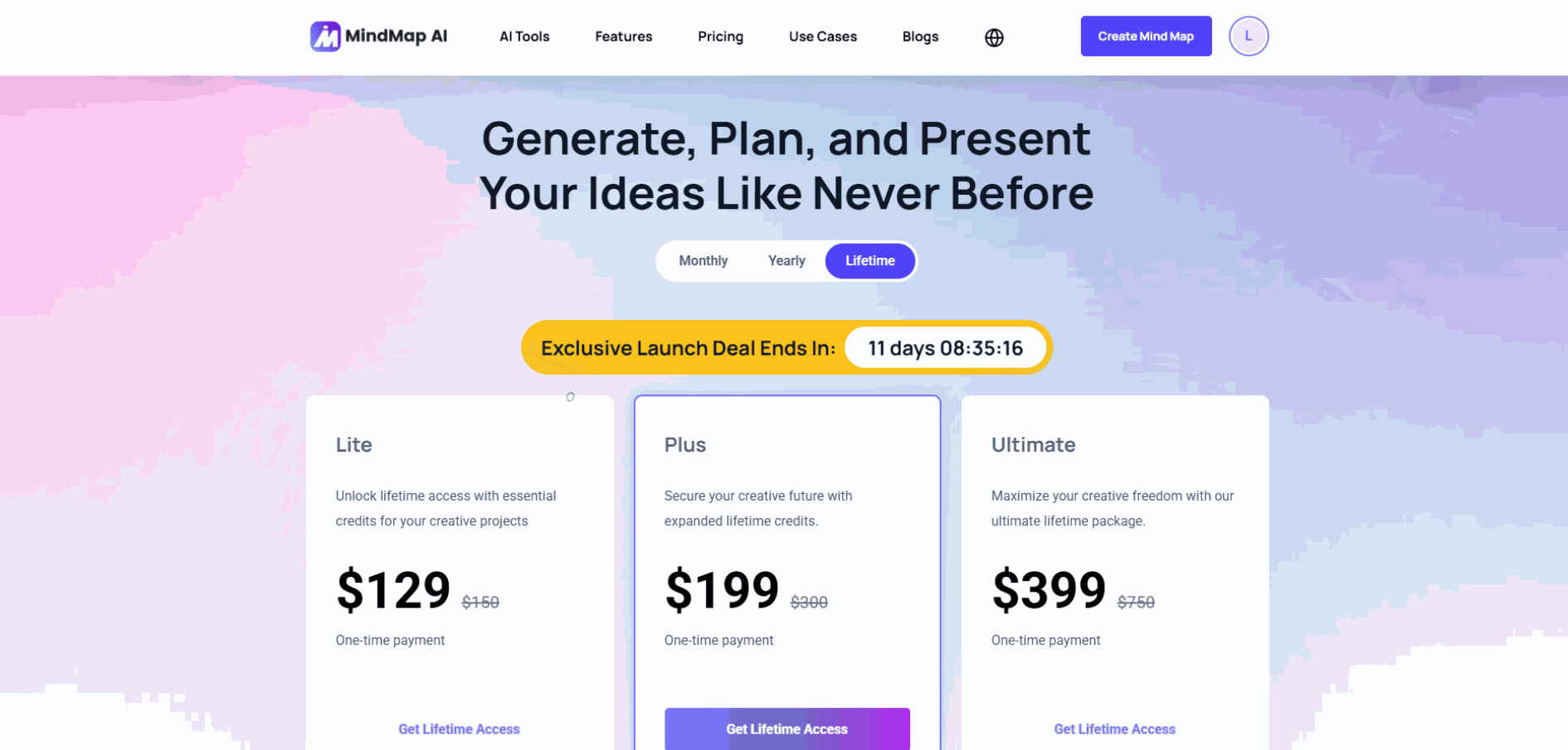 MindMap AI lifetime deal pricing 2025 — one-time payment plans starting at $129