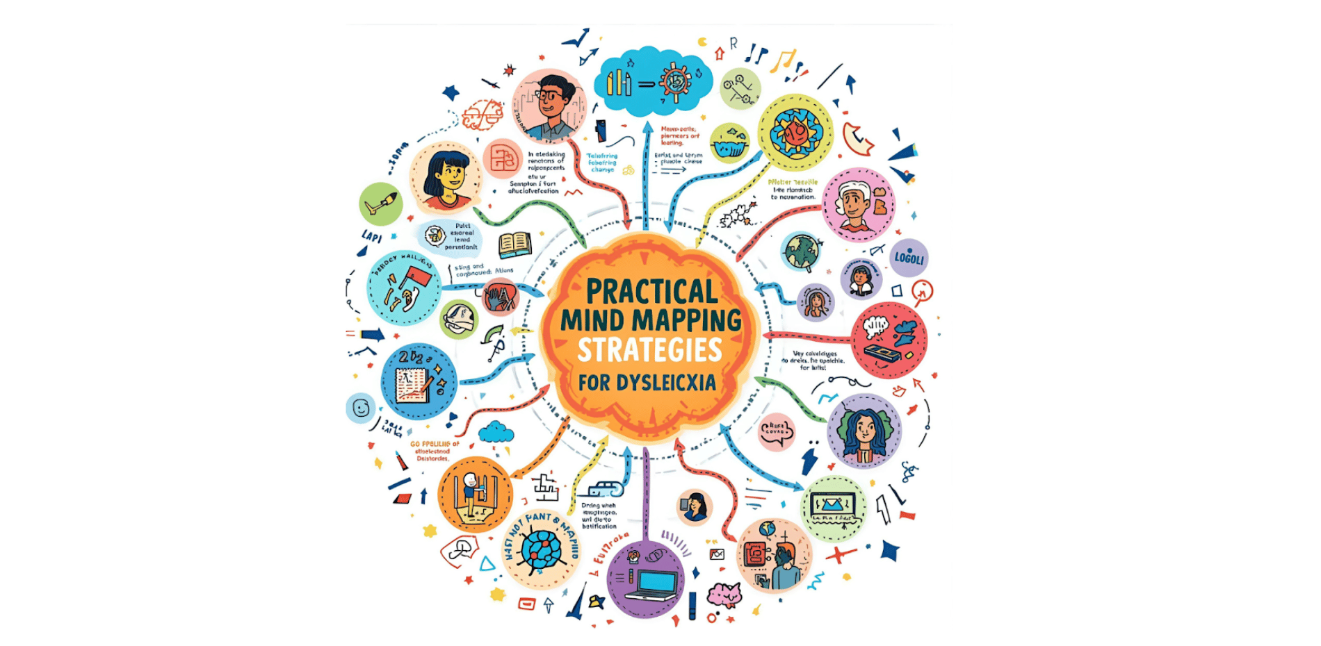Vibrant infographic displaying practical mind mapping strategies tailored for dyslexia, highlighting visual learning methods, memory enhancement, and creative thinking support.