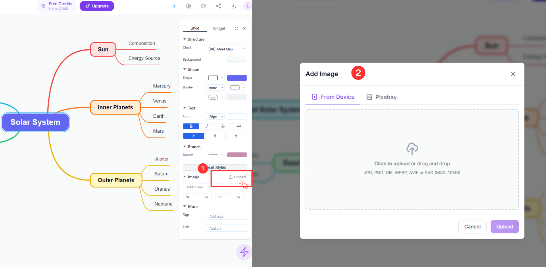 Screenshot showing how to upload images directly into a mind map, demonstrating the visual learning interface for dyslexic children.