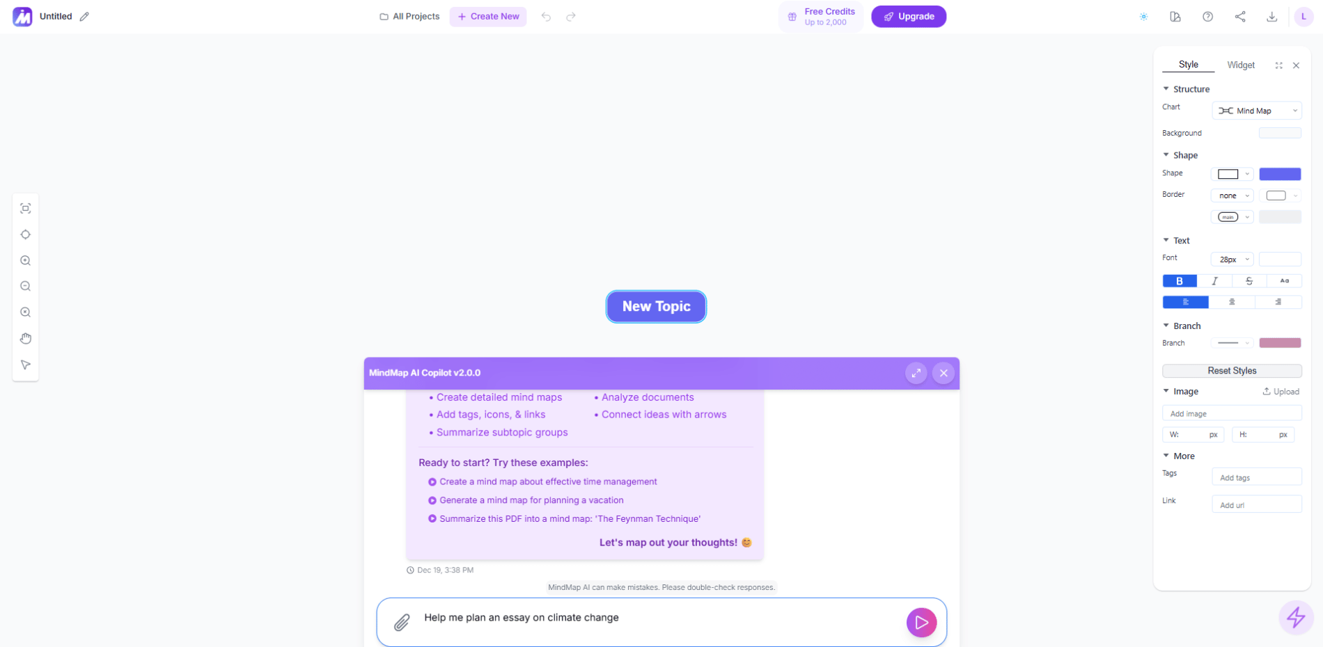 Getting started with mind mapping: central topic 'climate change' highlighted in MindMap AI workspace with guidance note.