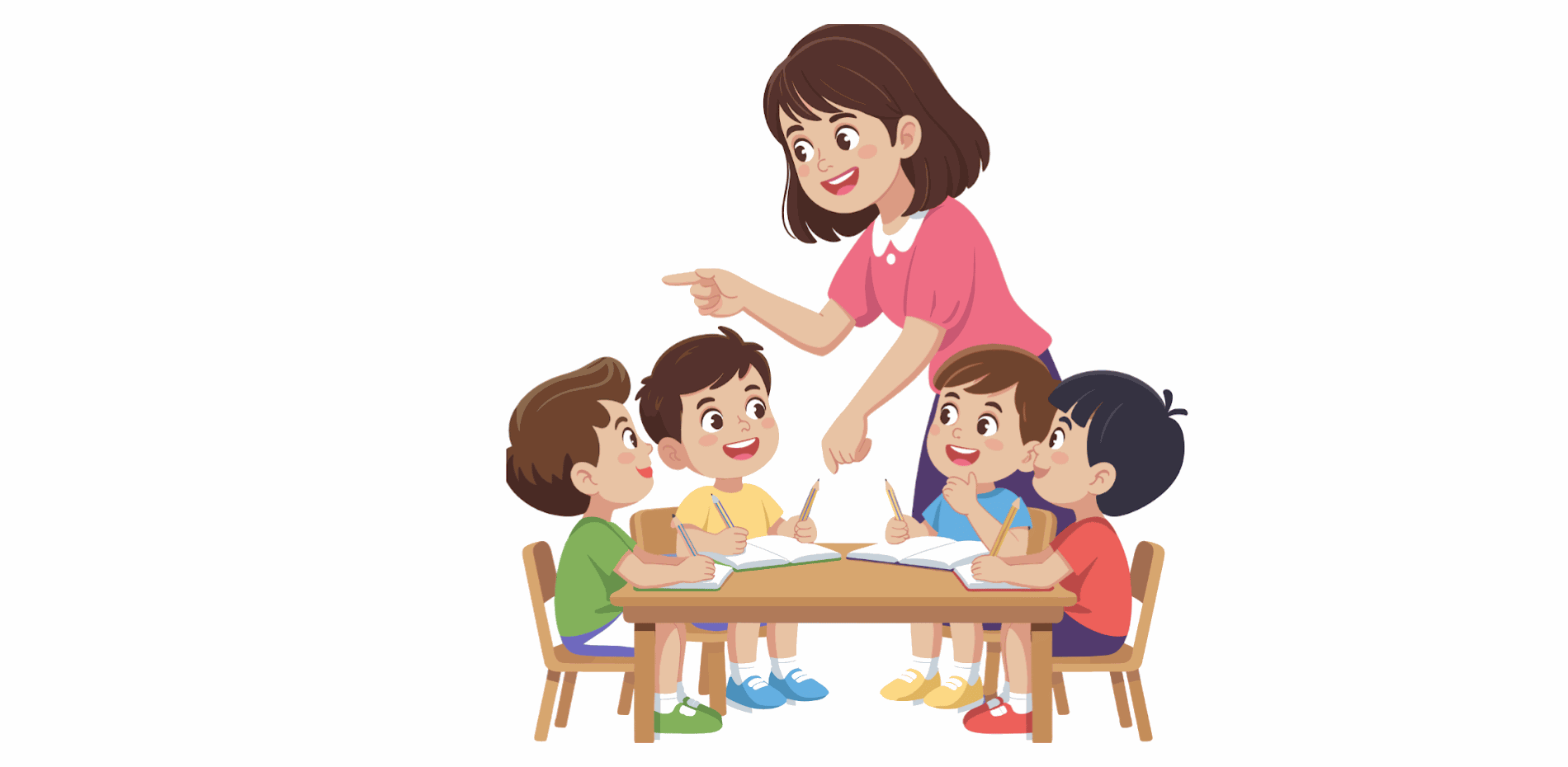 Teacher guiding diverse group of young students with dysgraphia during writing lesson at classroom table